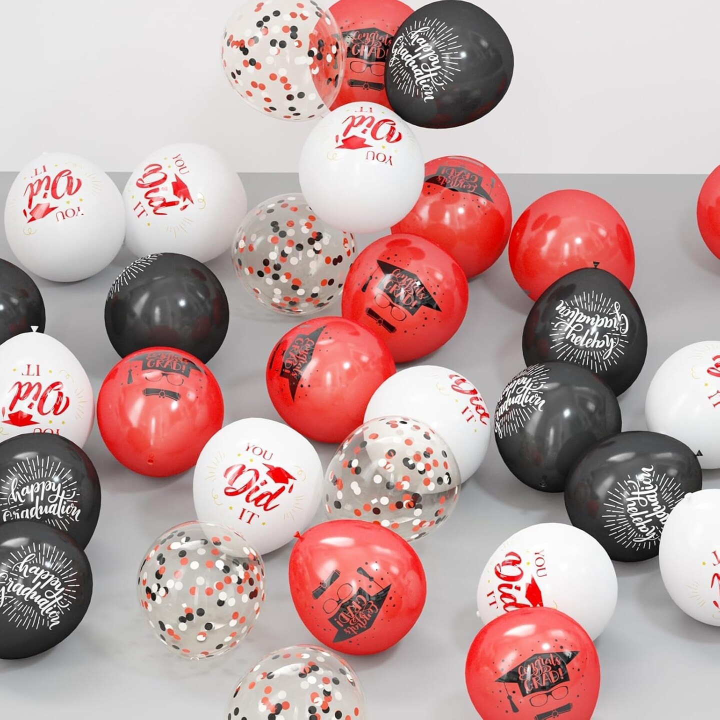 75 Pack Graduation Party Decorations Balloons Set - 12 Inch Black Red Confetti Grad Balloons with Ribbons for Graduation Party Decoration Supplies