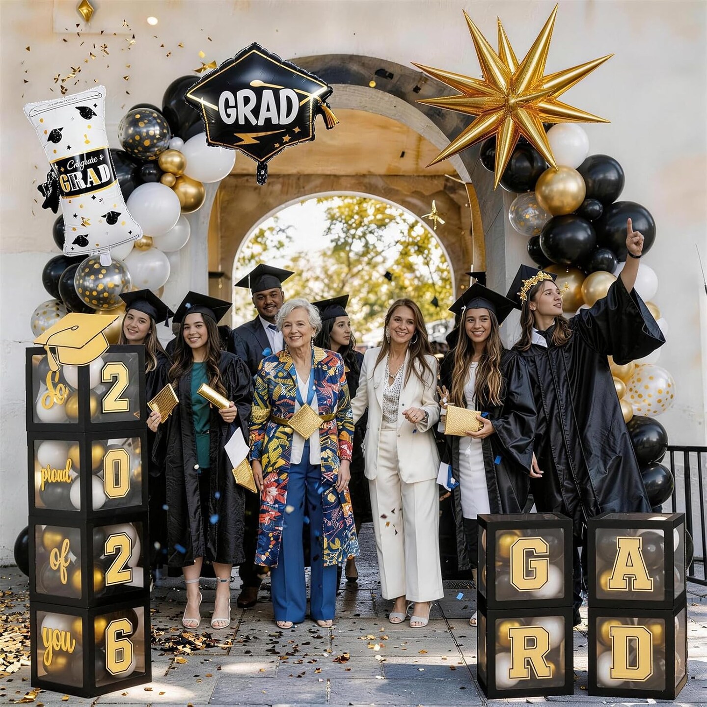 Gold & Black Graduation Balloon Arch & Box Set 2026 – 85-Piece Congrats Grad Decorations with Foil & Latex Balloons, Graduation Cap, Diploma, Star Balloons for High School, College, and PhD Party
