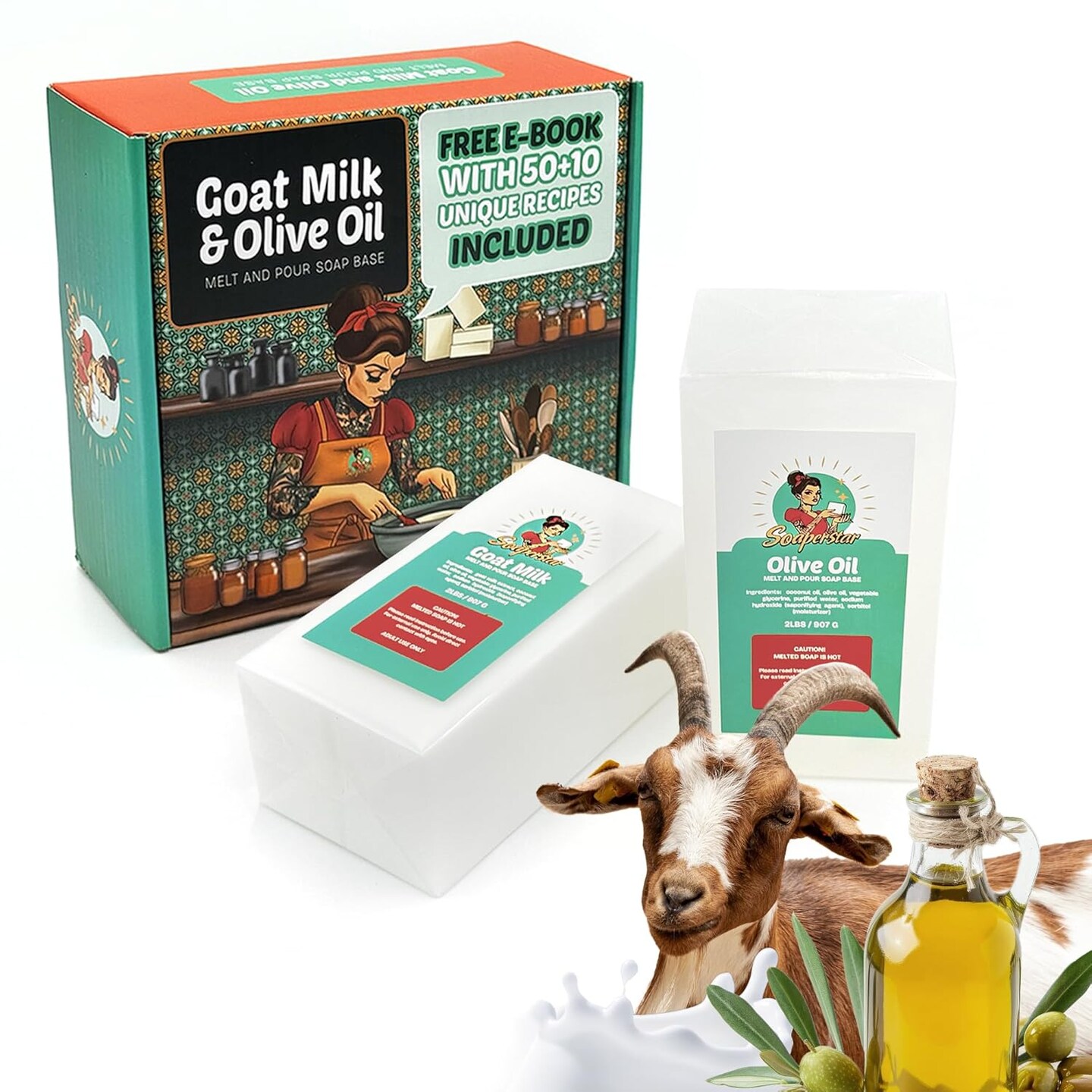 Olive Oil & Goat Milk Soap Base Kit – Melt & Pour, Vegan, SLS-Free, Cruelty-Free, Includes 60+ Recipe E-Book.