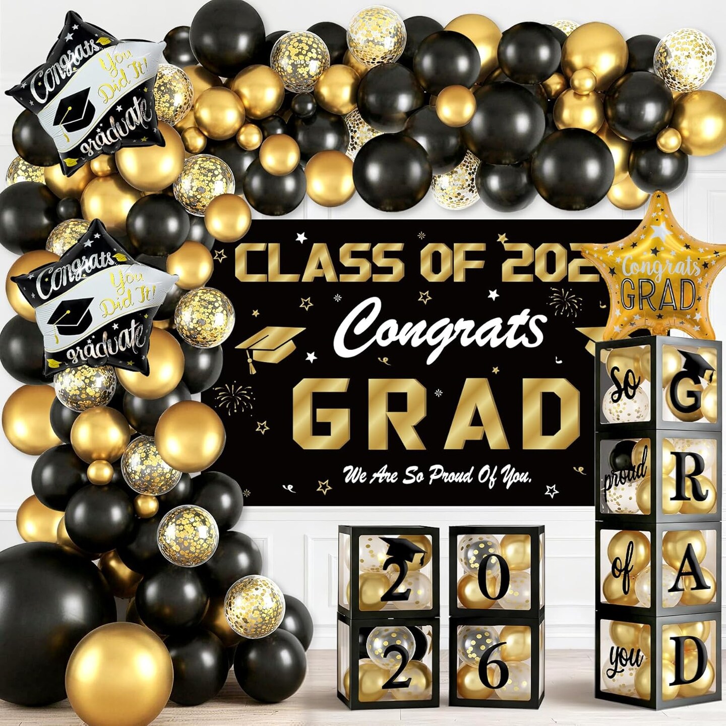 Graduation Party Balloons 2026 – 138PCS Black & Gold Graduation Decorations Set with Backdrop, Balloon Arch Kit & 2026 Grad Boxes