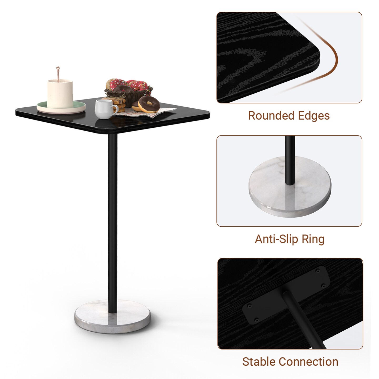 Modern Black Side Table with Marble Base, 15.6" Square Tall End Table