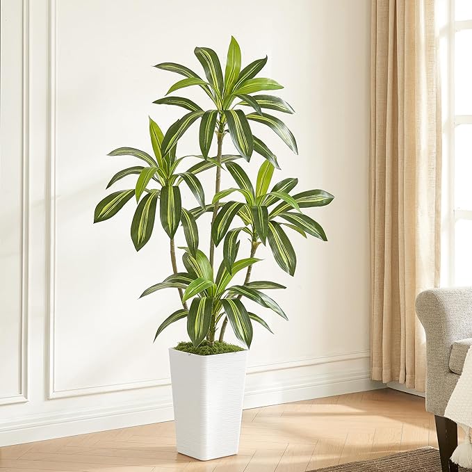 5FT Artificial Dracaena Tree with White Taper Planter & Green Moss - Real-Touch Faux Yucca Indoor Floor Plant for Home, Office & Commercial Decor