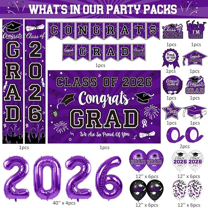 Class of 2026 Graduation Decorations - Purple & Black Congrats Grad Party Kit: Fabric Backdrop, Porch Signs, 2026 Foil Balloons & Hanging Swirls - Complete High School & College Set