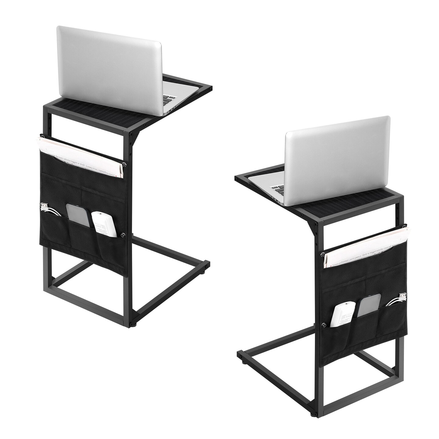 2-Pack C-Shaped Sofa Side Tables with Storage Pockets, Black End Tables for Small Spaces