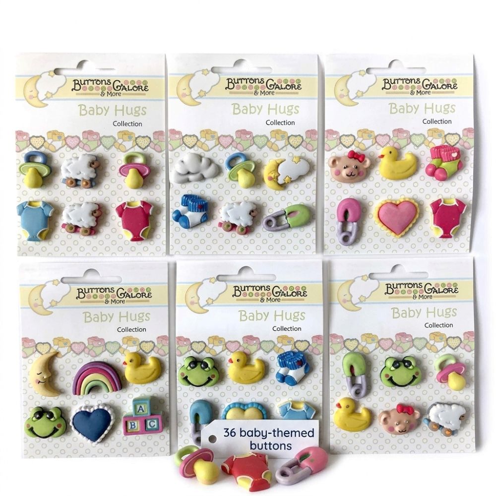 Buttons Galore Baby Hugs Button Set – 36-Piece Baby-Themed Craft & Sewing Buttons, Includes Ducks, Booties & Pacifiers for DIY, Scrapbooking & Nursery Decor