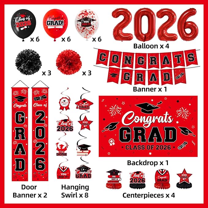 Class of 2026 Graduation Decorations - Red Congrats Grad Party Kit with Banner, Large Backdrop, Door Signs, 2026 Foil Balloons & Table Centerpieces - 40+ Piece Set