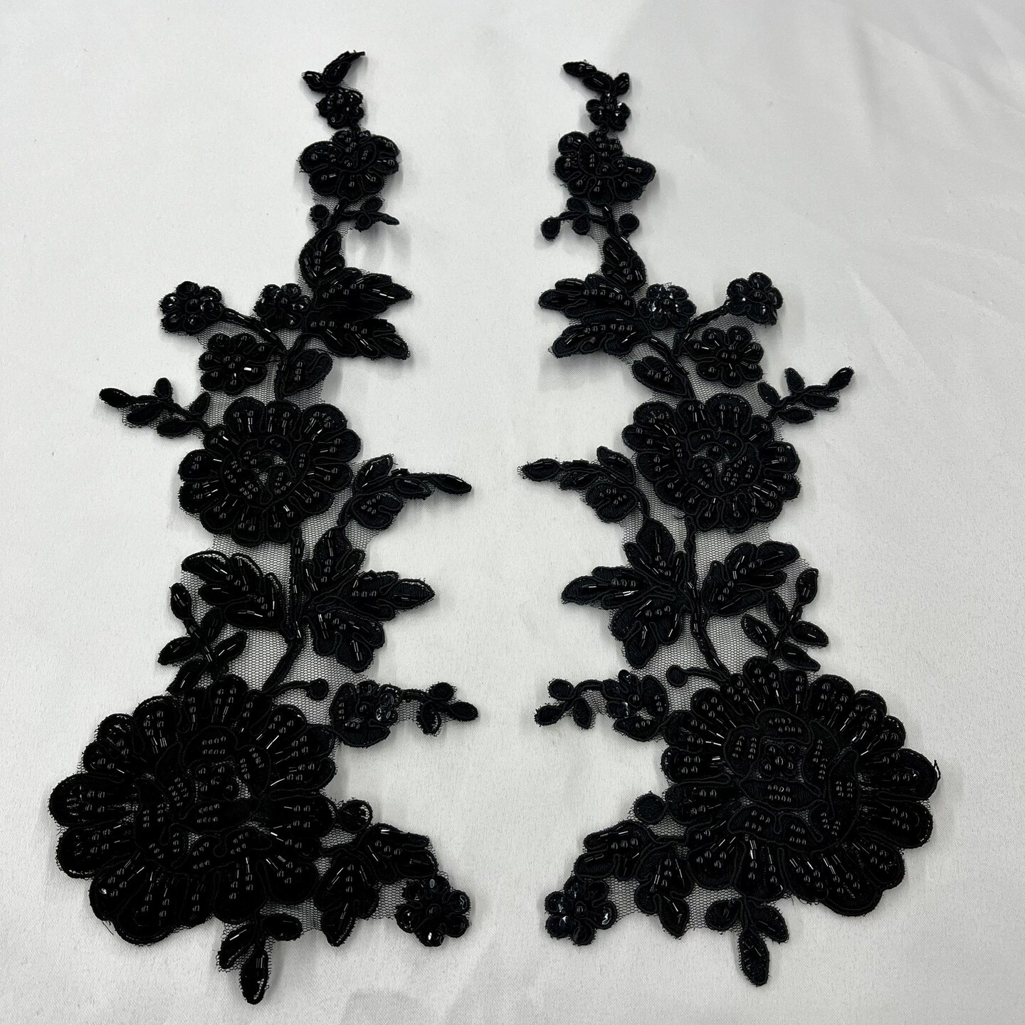 1 Pair Beaded & Corded Floral Lace 100% Polyester Net Mesh 13" x 3.5" Each Side