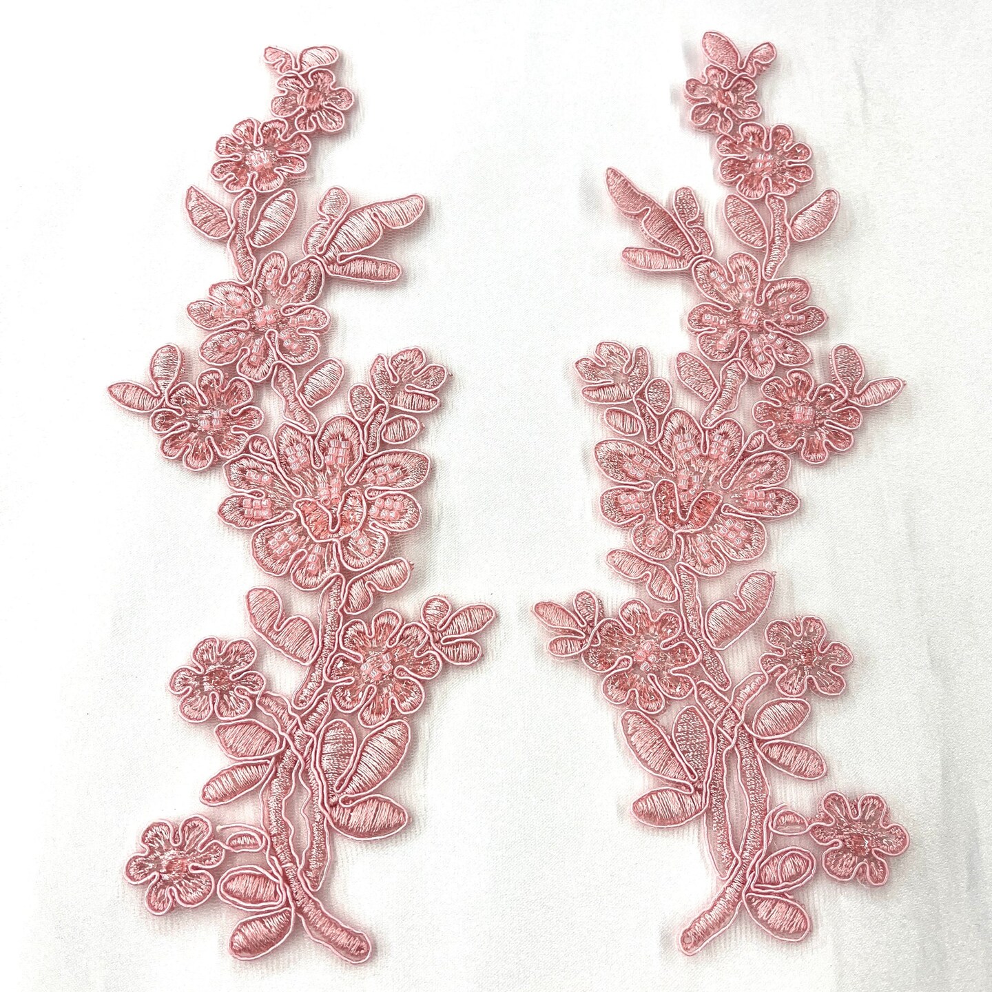 1 Pair Beaded & Corded Floral Lace Applique 10" x 2" Each Side