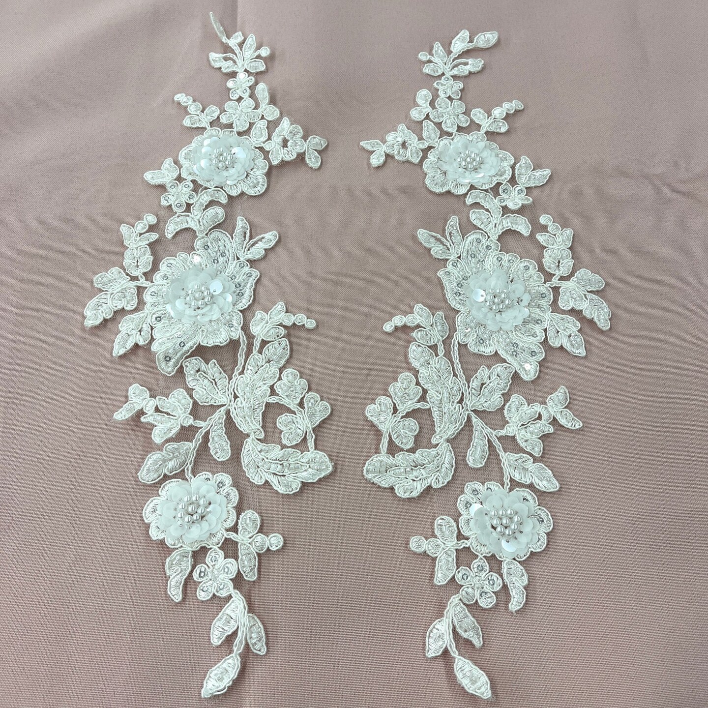 1 Pair Beaded & Corded Floral 3D Lace Applique Embroidered on 100% Polyester Net Mesh, 14" X 3 " Wide Each Side
