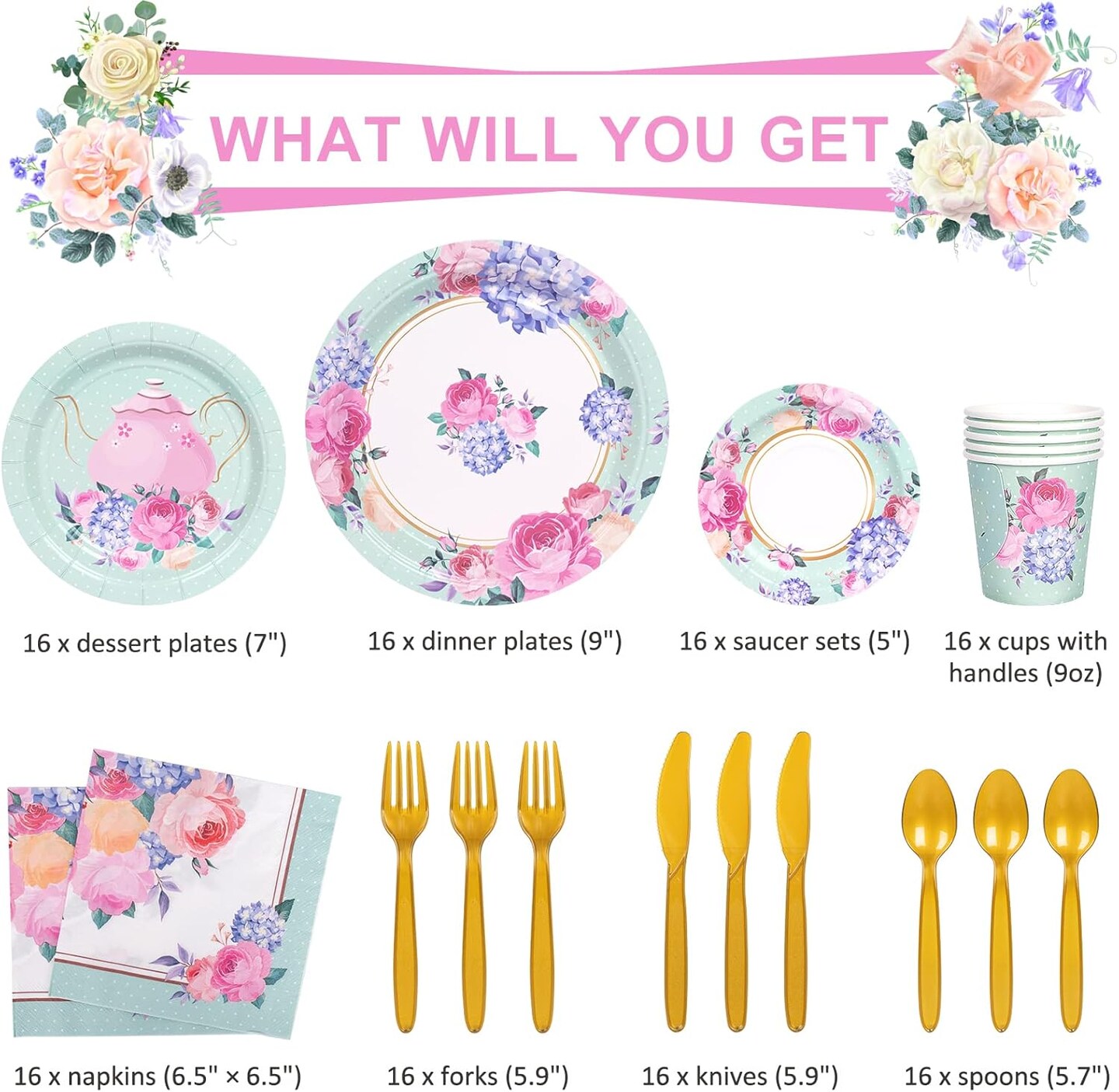 Tea Party Supplies Serves 16, Tea Party Plates and Napkins Sets, Paper Saucers, Tea Cups with Handles for Girl&#x27;s Birthday, Baby Shower, Total 128 PCS