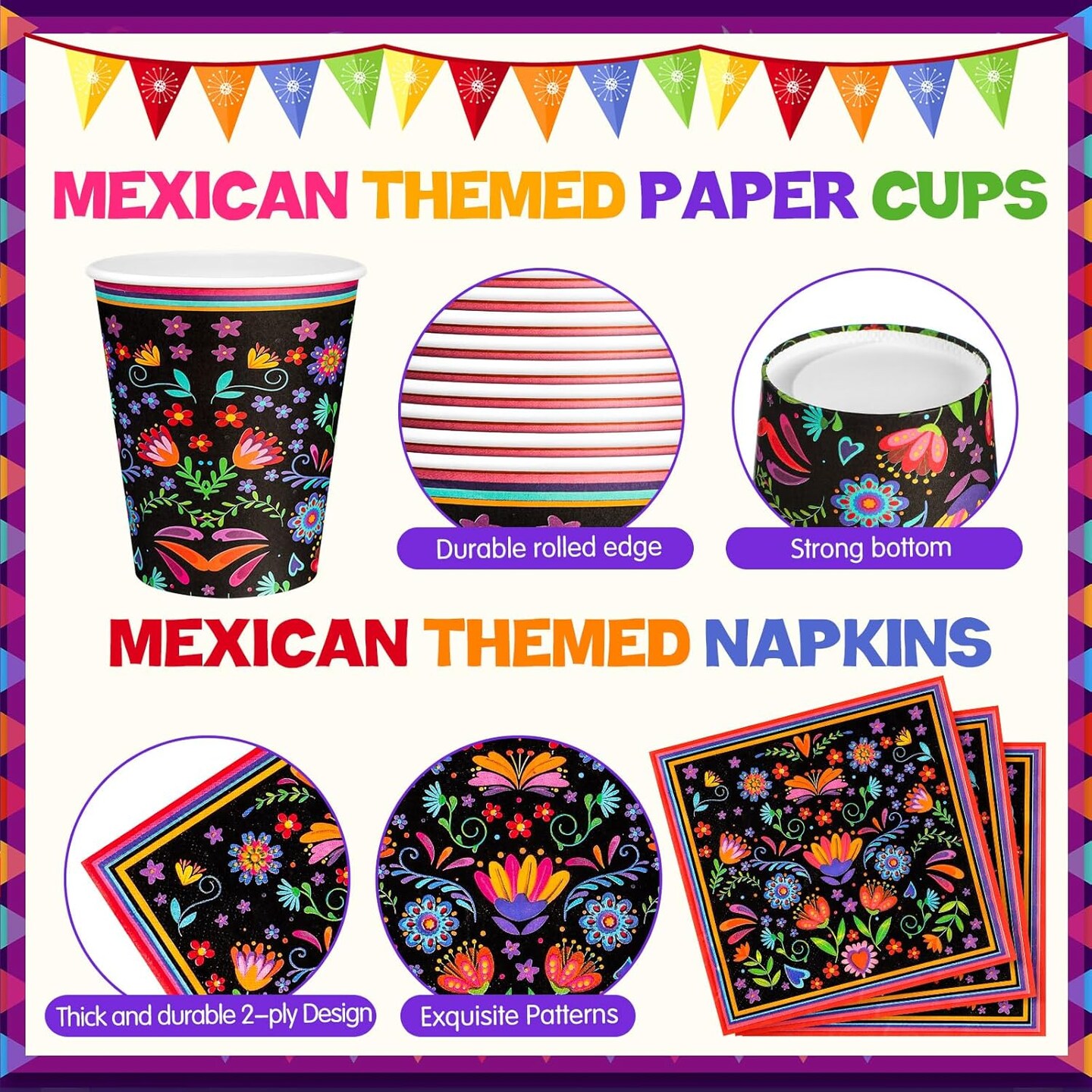 200 Pieces Mexican Party Decoration Supplies Fiesta Tableware Set, Includes Mandala Flower Mexican Paper Plates and Napkins Cinco De Mayo Paper Cups for Taco Tuesday Birthday Party Decor