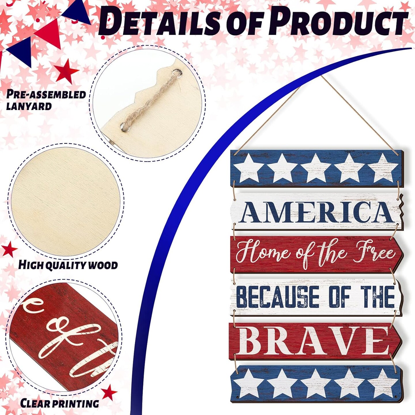 4th of July Decorations Patriotic Wall Decor Memorial Day Wooden Hanging Sign Rustic Red White Blue American Stars Door Sign Large Independence Day Wood Hanging Plaque for Front Door Porch Home