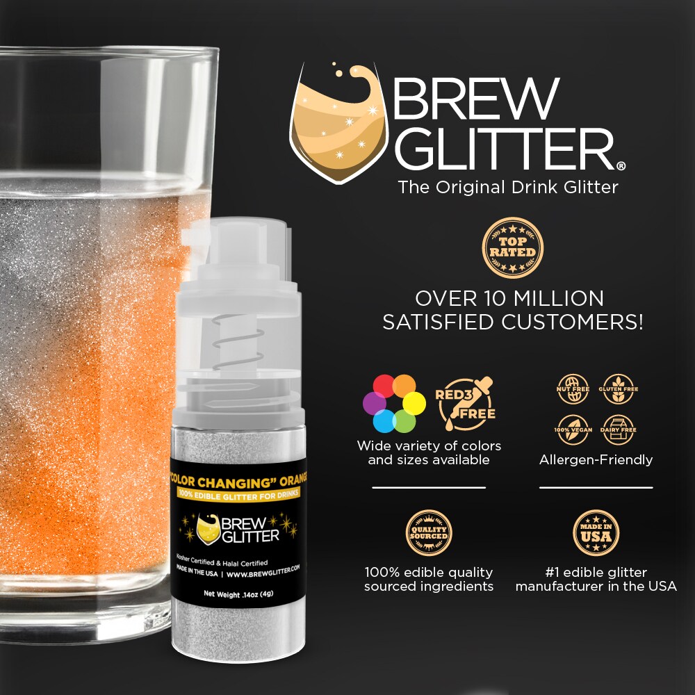 Brew Glitter - Orange Color Changing Edible Drink Glitter (4g, Mini Spray Pump) for Beer, Cocktails and Beverages