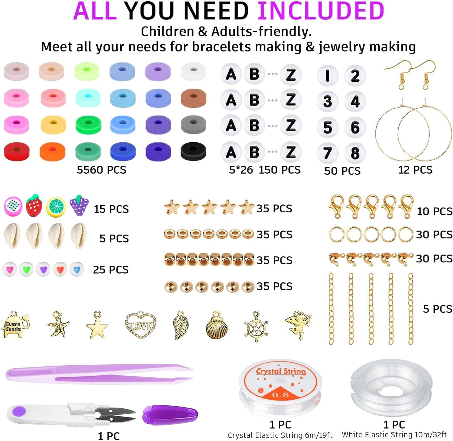 6000 Clay Beads Bracelet Making Kit – 24 Colors Flat Preppy Polymer Beads with Charms for Friendship Bracelets & Jewelry Making, Craft Gift for Girls Ages 6–12