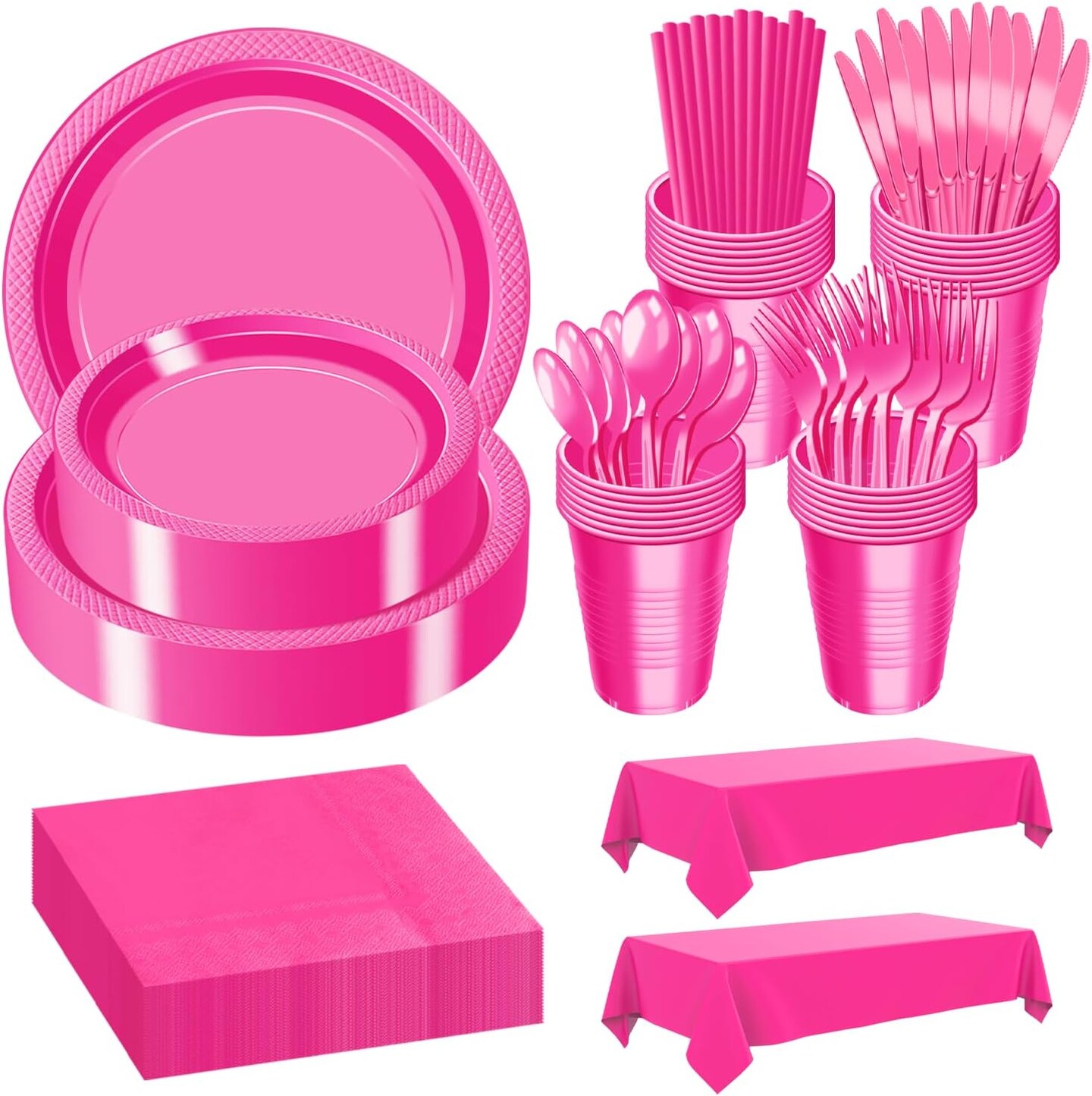 242 Pcs Plastic Dinnerware Set Includes 30 Of Each 9&#x22; Dinner Plates |7&#x22; Dessert Plates|12 oz Plastic Cups | Napkins|Straws|Spoons, Forks &#x26; Knives (Hot Pink, 242PCS&#xFF08;30 Guests&#xFF09;)