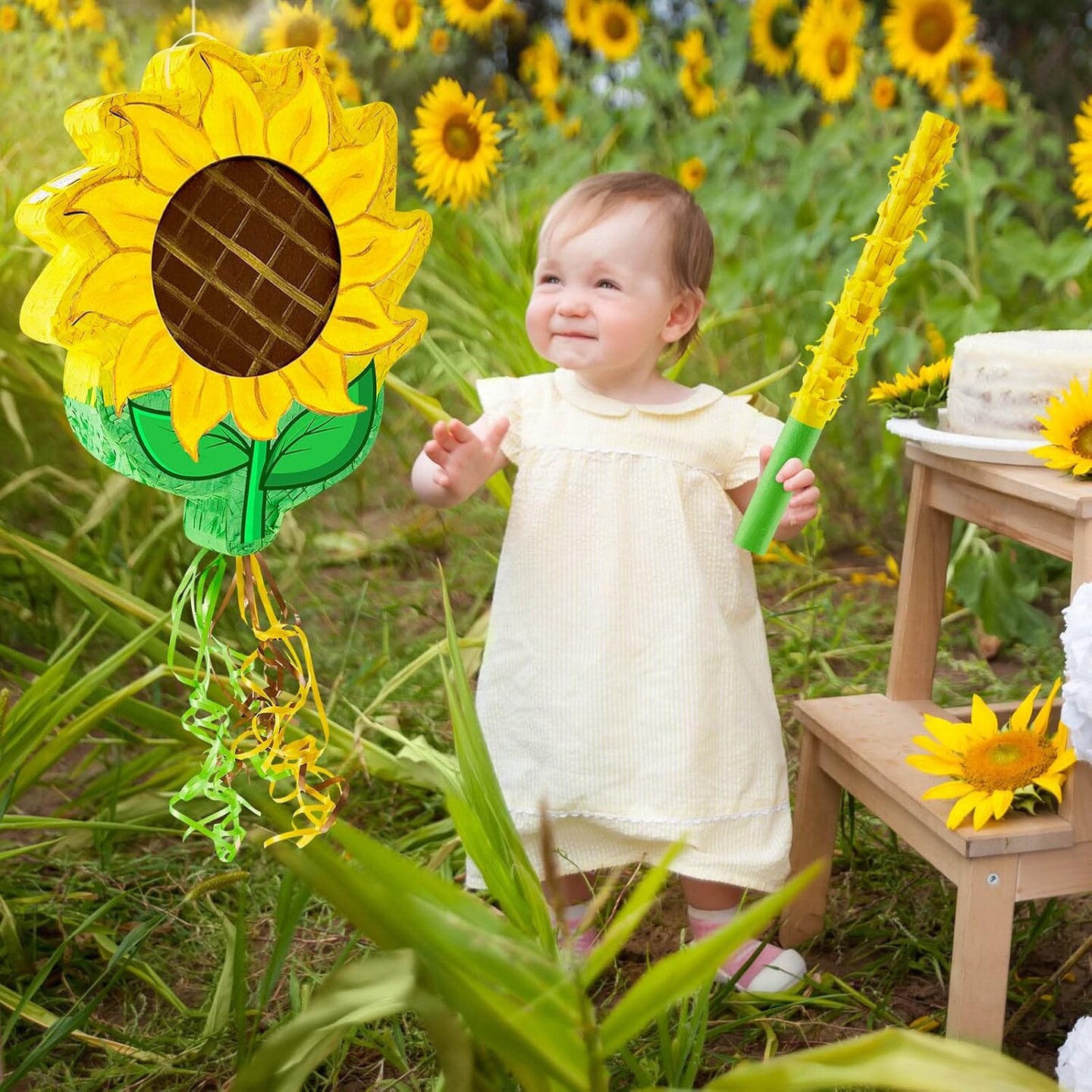 Sunflower Tea Pot Piñata for Birthday Party Colorful Piñata with Stick, Blindfold, Confetti
