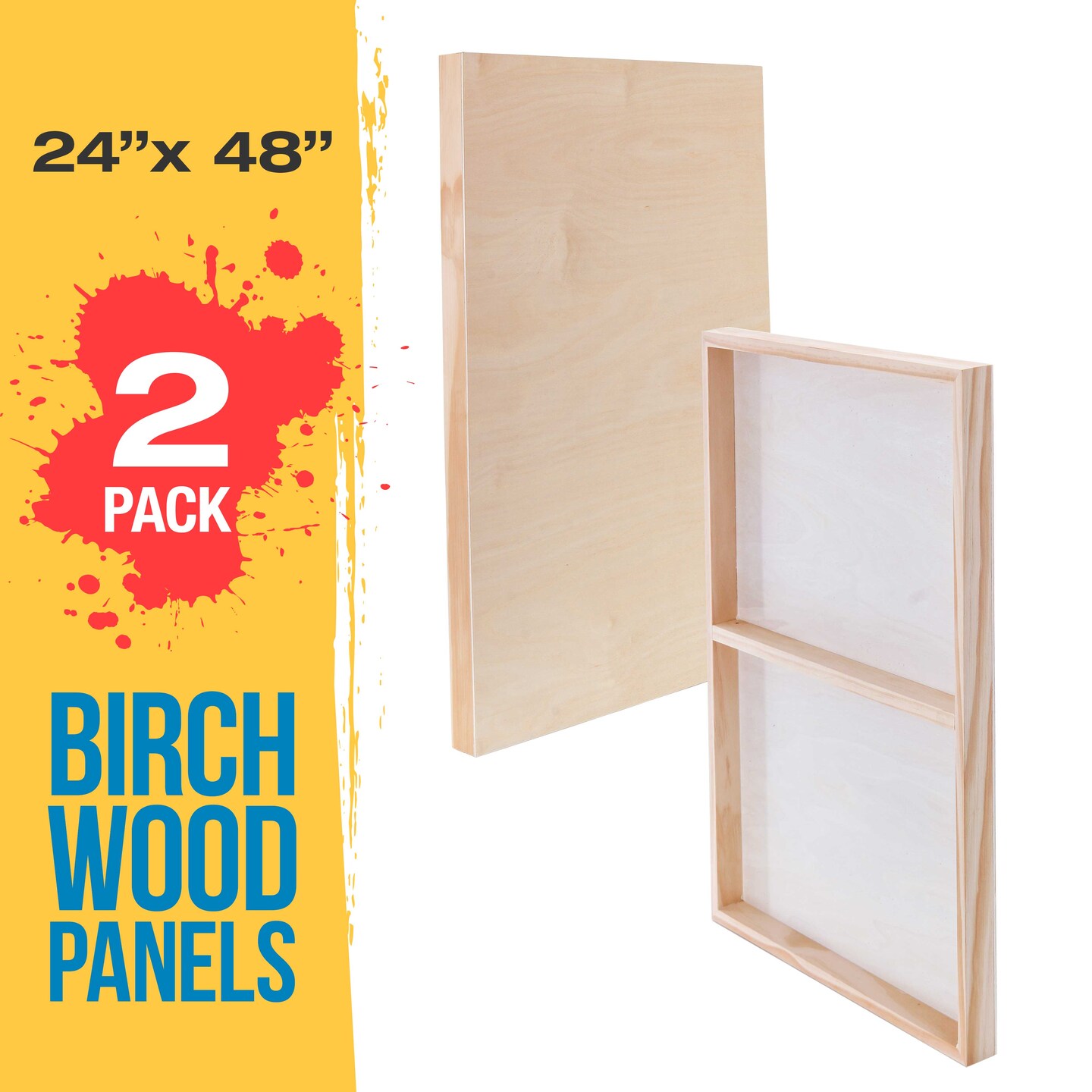 Unfinished Cradled Wood Panels for Painting, 2 Pack of 24x48 inch - Gallery Birch Wooden Canvas Boards 1-1/2&#x22; Deep - Mixed-Media Craft, Acrylic, Oil, Encaustic, Paint Pouring
