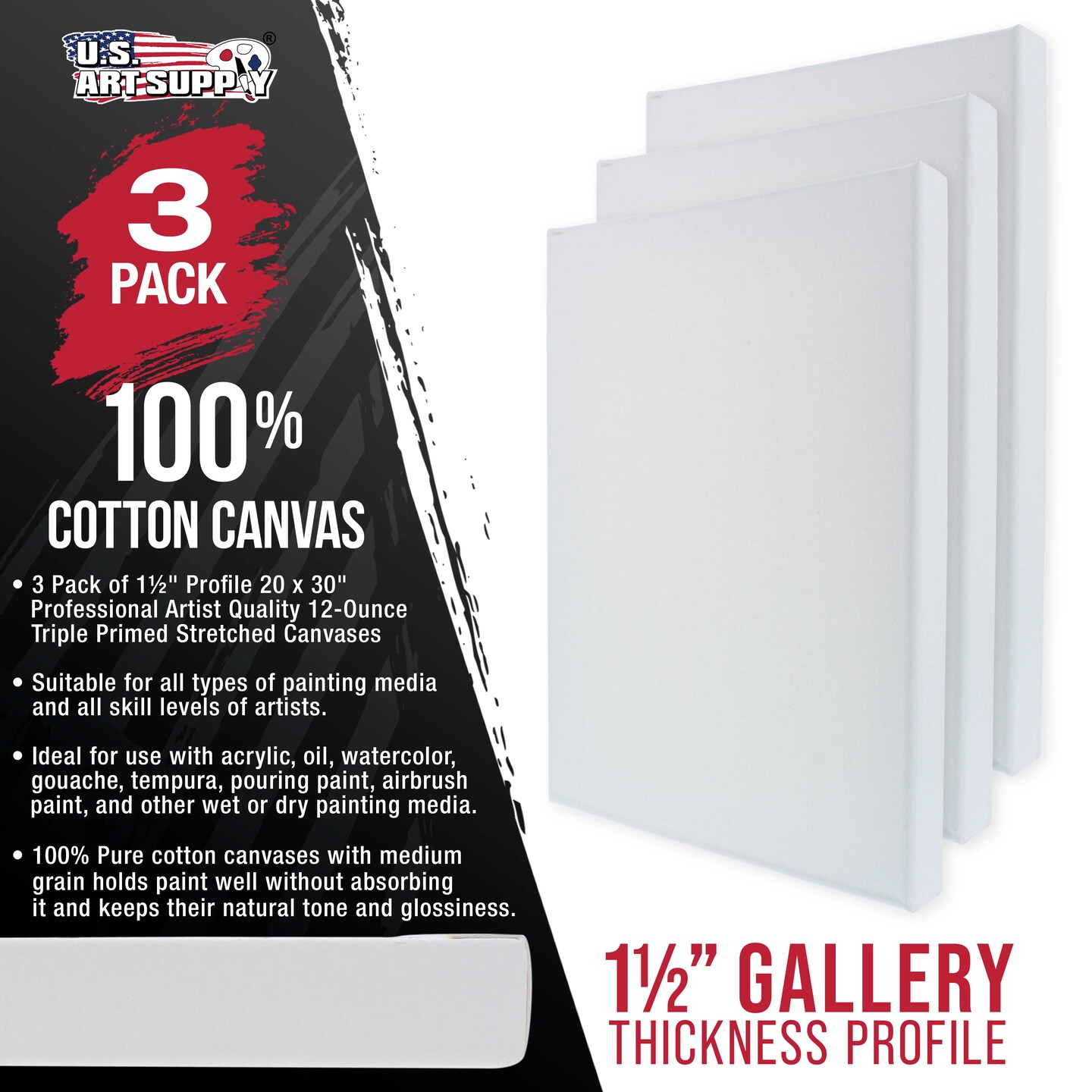 Large Stretched Canvas for Painting 20x30 inch Gallery Depth 1-1/2&#x22; Thick, 3-Pack - 12oz Acrylic Gesso Triple Primed, Professional Artist Quality, 100% Cotton - Oil, Pouring Paint