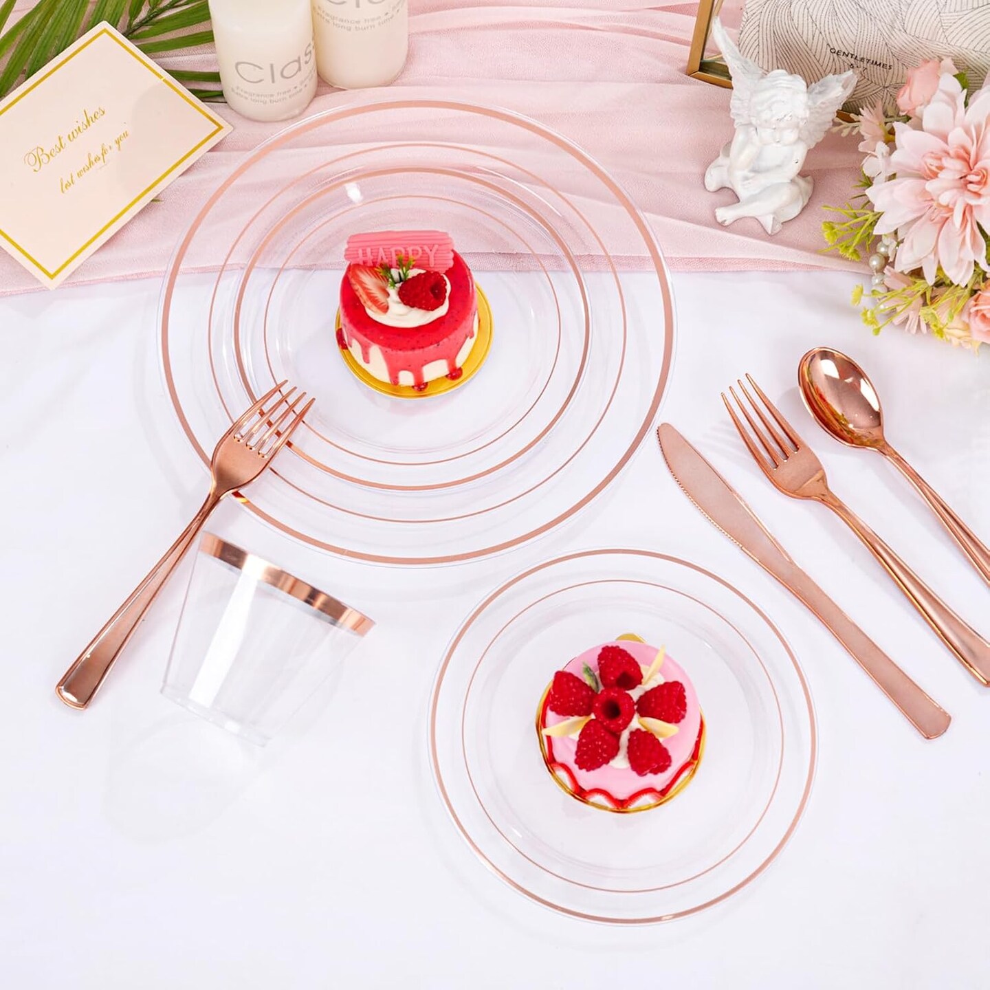 300PCS Clear Rose Gold Plastic Dinnerware - Rose Gold Disposable Dinnerware Set Include 50 Dinner Plates,50 Dessert Plates,50 Knives,50 Forks,50 Spoons,50 Cups for Party, Wedding &#x26; Mother&#x2019;s Day