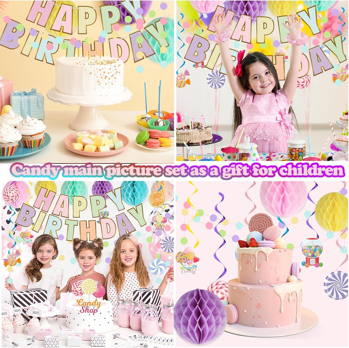 Macaron Happy Birthday Banner Candyland Hanging Swirls Colorful Flag Bunting Circle Confetti Honeycomb Ball