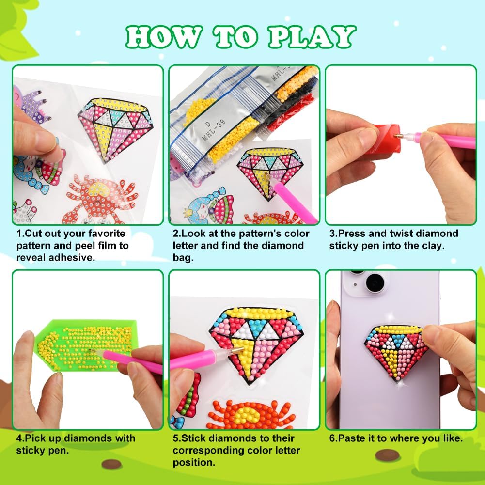60pcs 5D Diamond Art Stickers Arts and Crafts Creative Gem Art Paint by Number Kits for Kids Ages 4-6 6-8 8-12 Boys Girls DIY Mosaic Stickers Toys for Birthday Party Halloween Christmas Gifts
