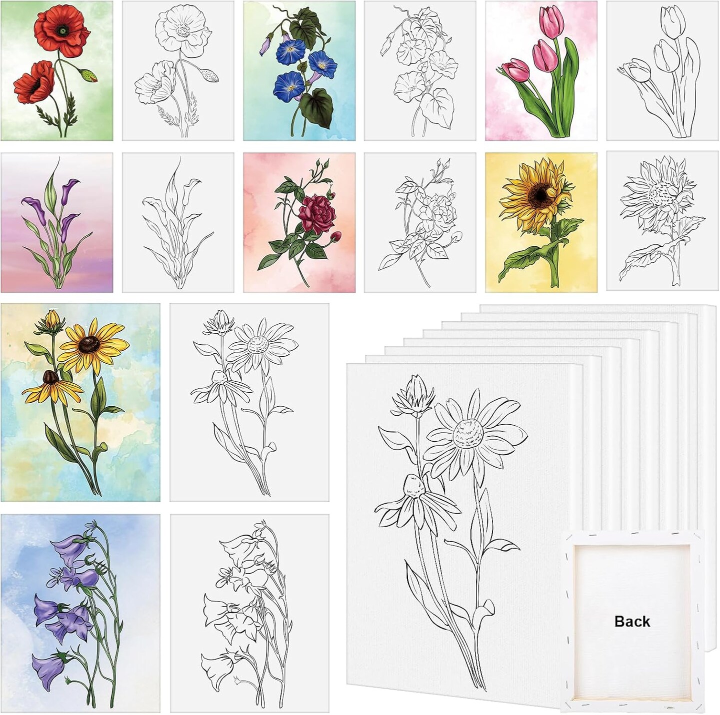 8 Pack 8x10 Inches Flowers Theme Pre Drawn Canvas to Paint(Art Deco)