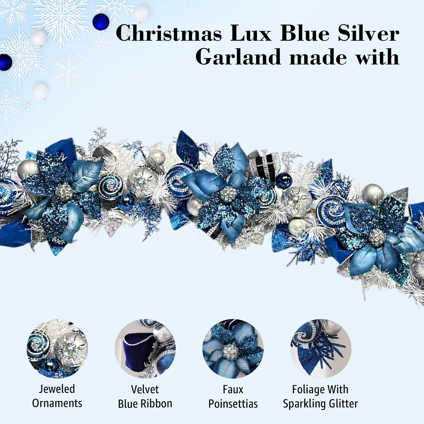 Lux Blue Silver Garland, Blue poinsettia Garland