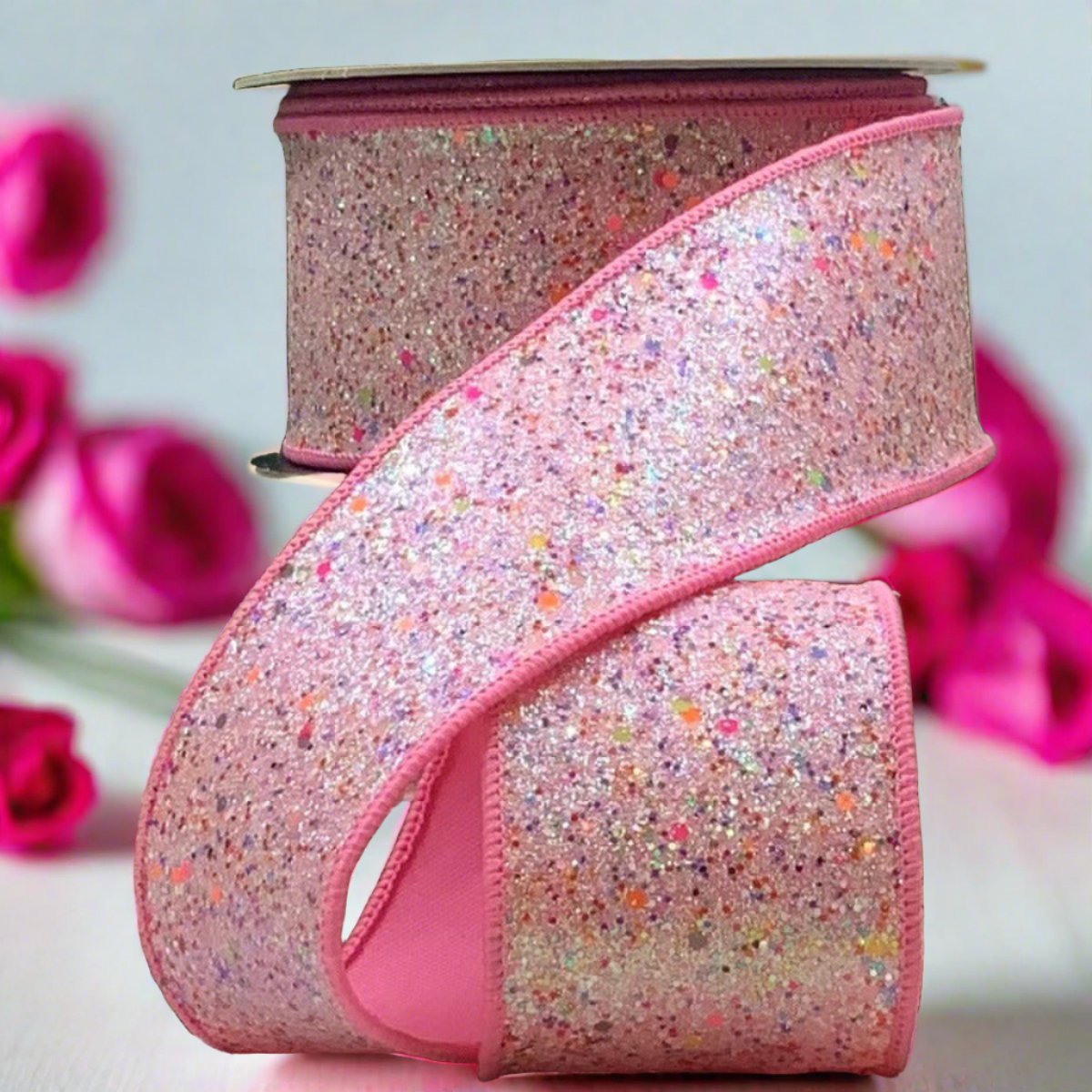 2.5&#x22; Glitter Confetti Ribbon: Pink (10 Yards)