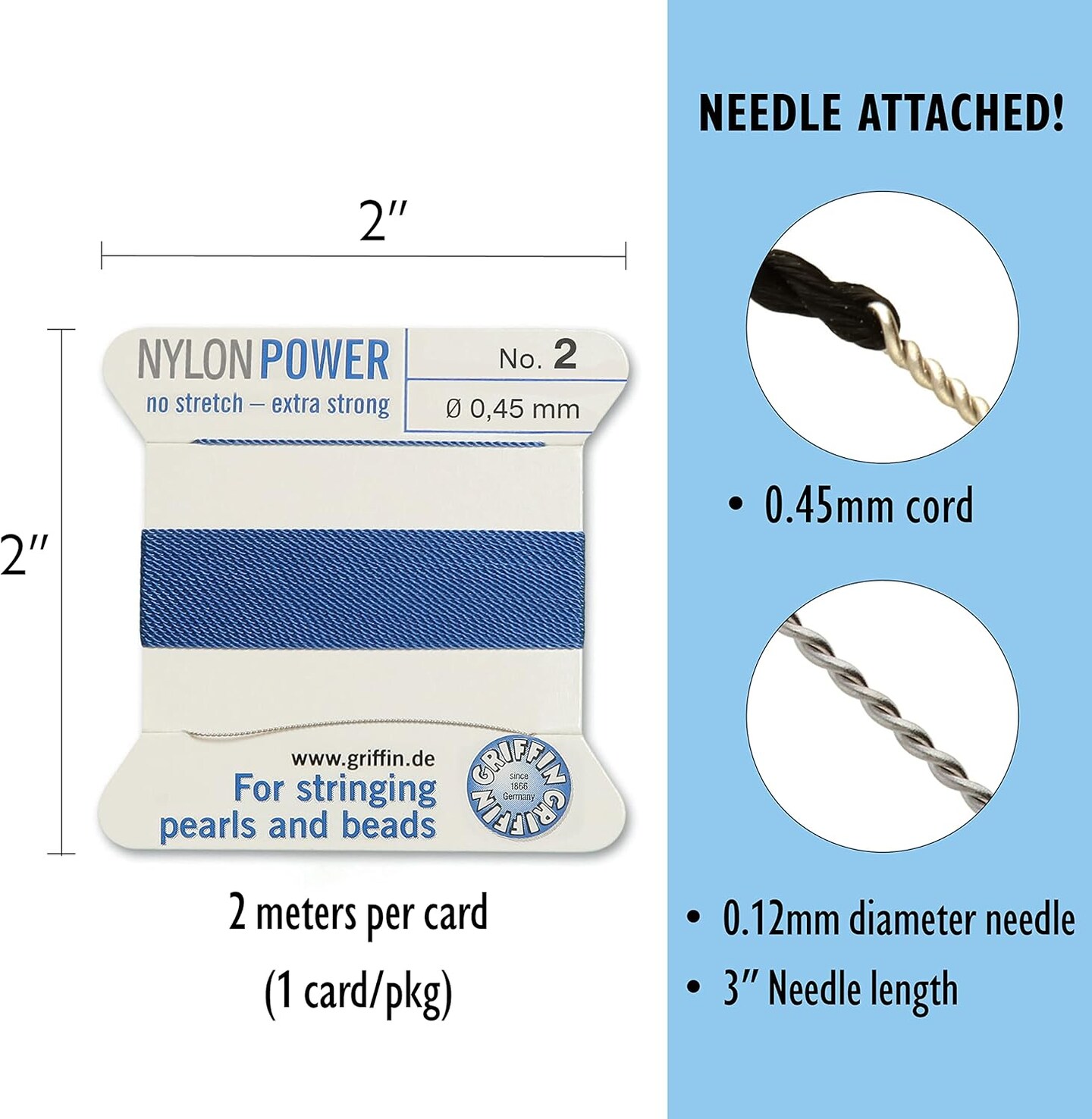 Griffin Nylon Bead Cord Perlseide – Size 2 (0.45mm) – 2 Meters per Card – Stainless Steel Needle Attached – for Knotting Pearls, Gemstones, Crystals and Beads