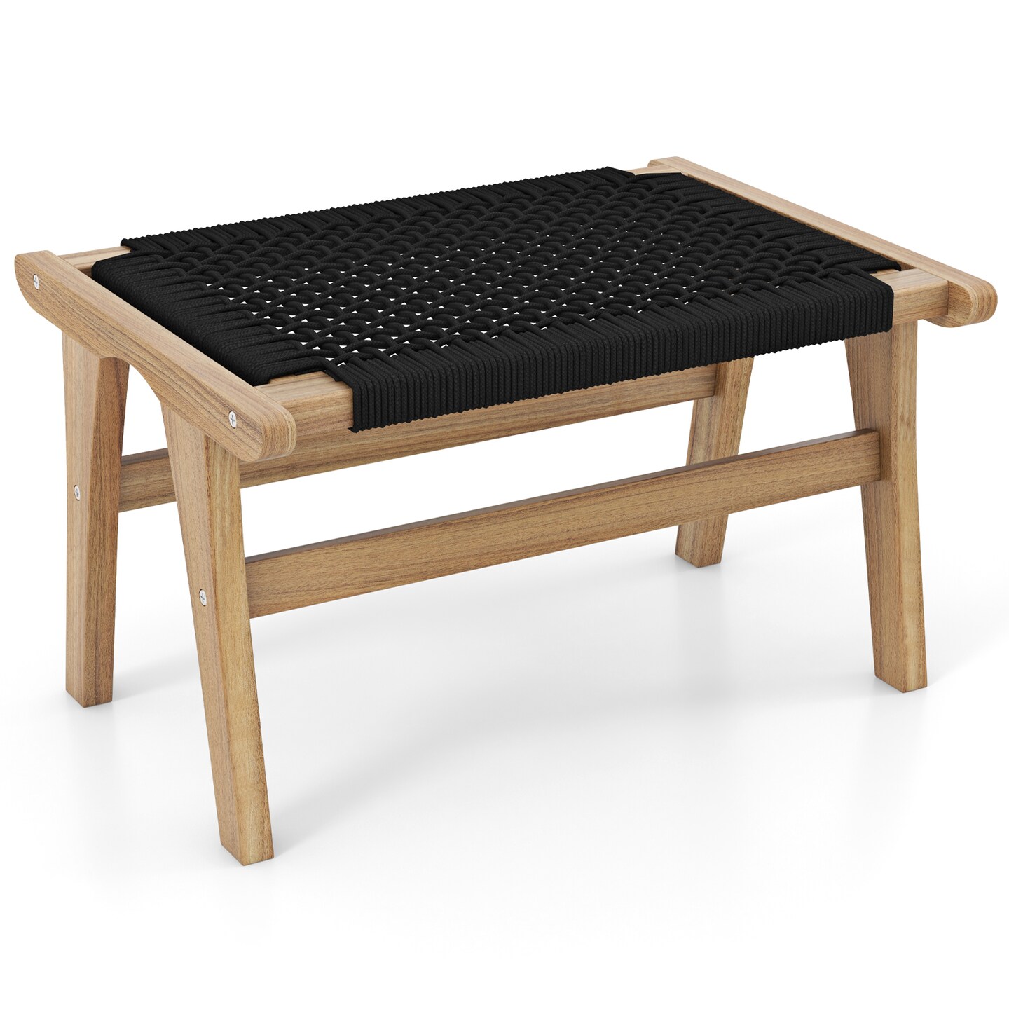 Teak Wood Foot Rest Handwoven Cord Ottoman for Patio Deck Living Room Seating