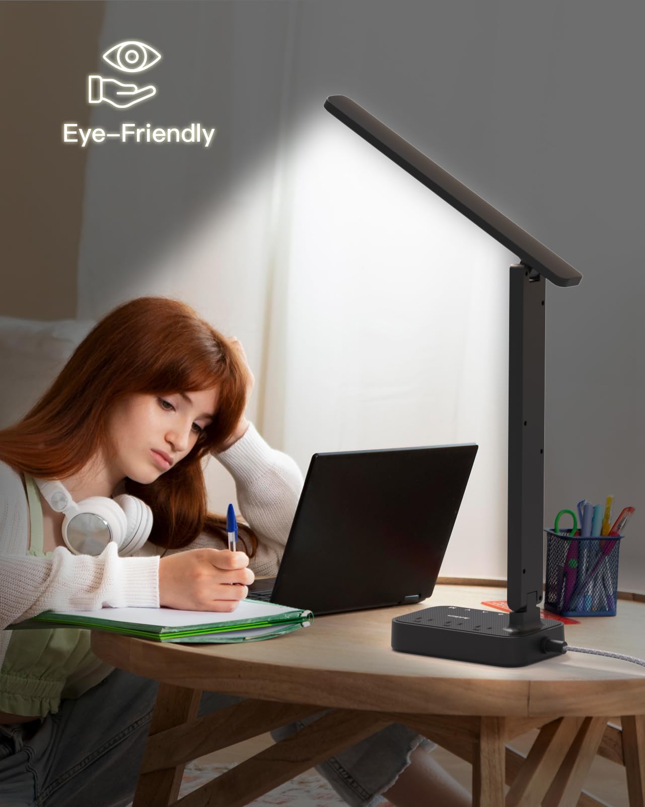 LED Desk Lamp, Power Strip with 3 Outlets 4 USB Charging Ports(2 USBC), 4 Modes 5 Level Brightness Touch Lamp, Small Desk Lamp for Home Office College Dorm Room Essentials