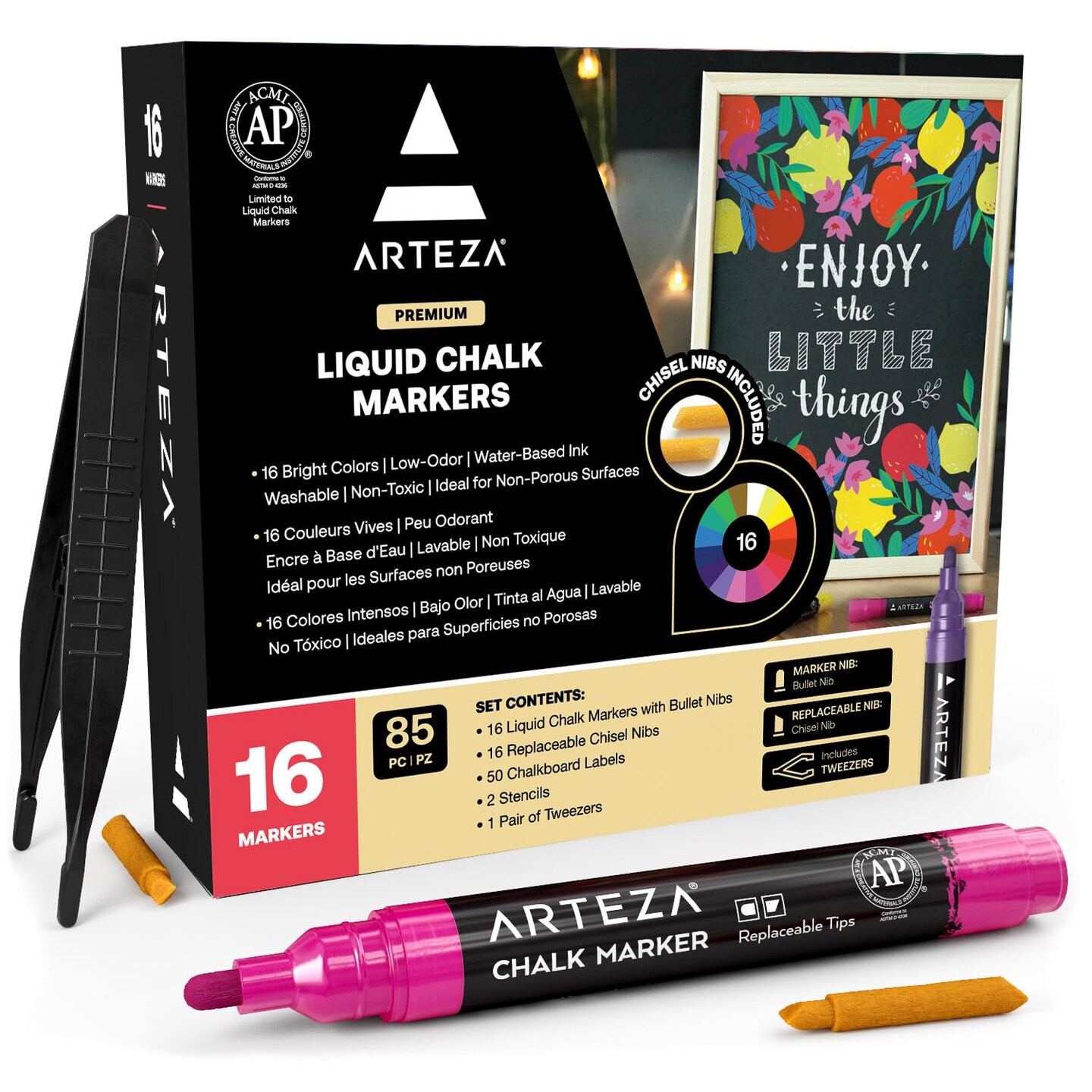 Liquid Chalk Markers, Set of 16 Bright Colors, Water-Based Erasable Chalk Pens with Replaceable Tips, Labels, Stencils & Tweezers for Chalkboards, Glass, Windows & Mirrors