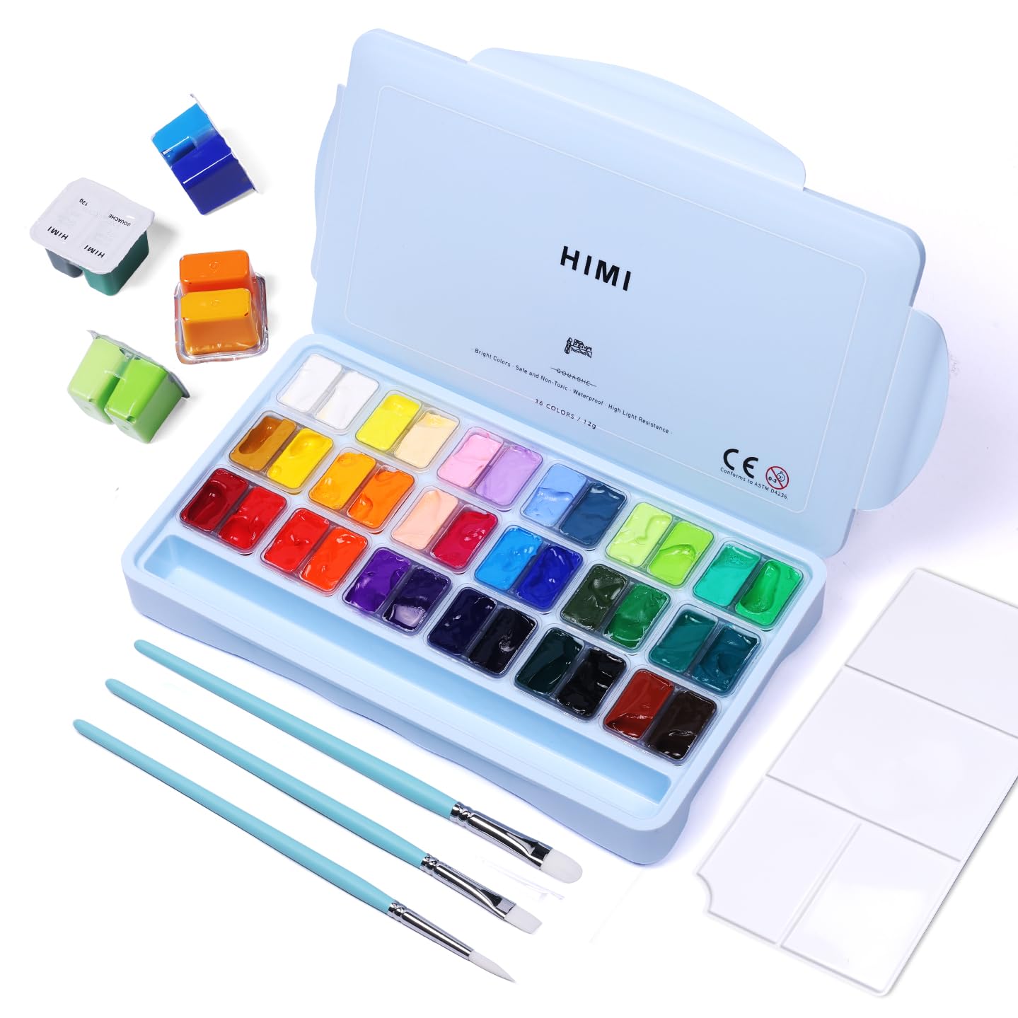 Gouache Paint Set, 36 Colors x 12ml Twin Jelly Cup Design with 3 Paint Brushes and a Palette in a Carrying Case Perfect for Artists, Students, Gouache Opaque Painting