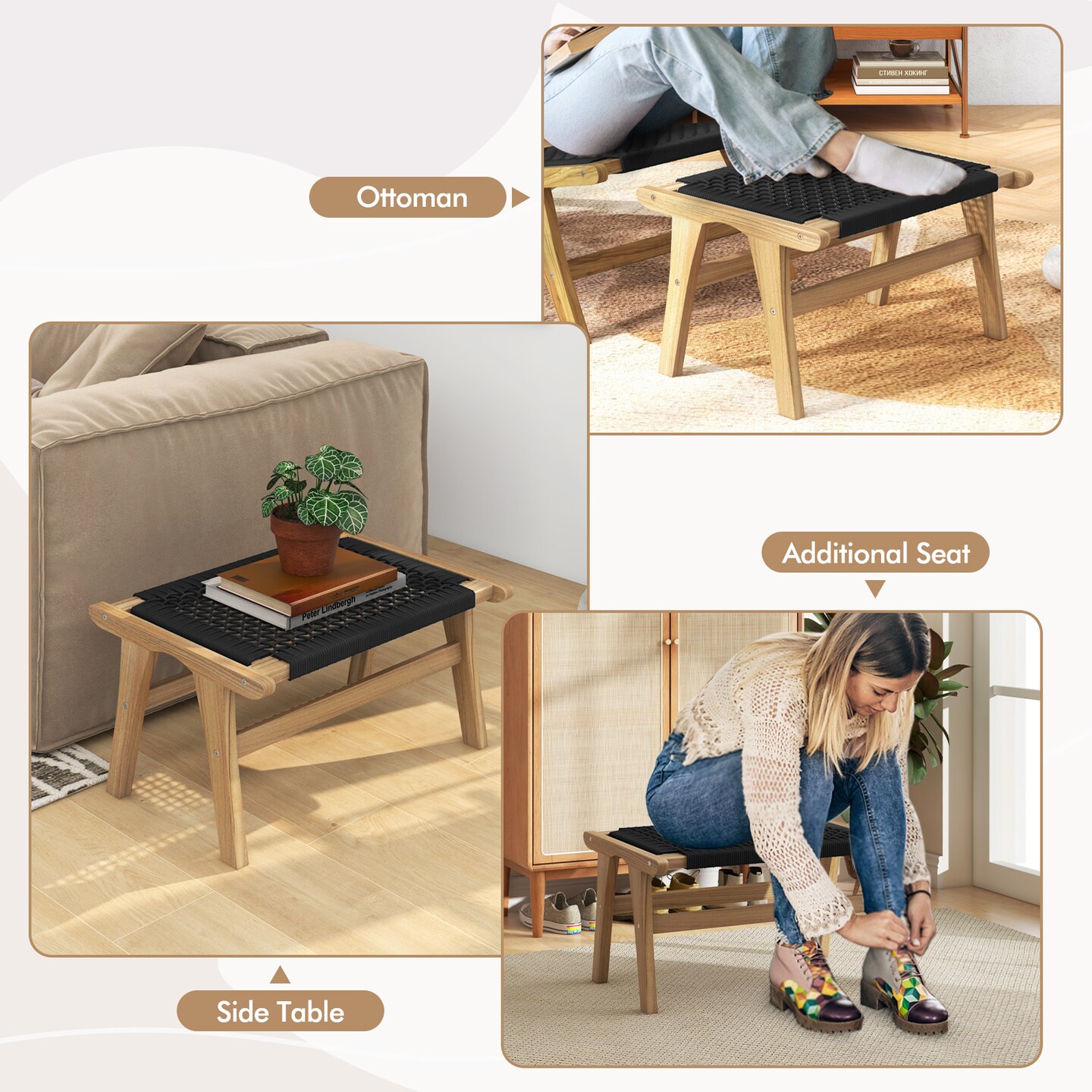 Teak Wood Foot Rest Handwoven Cord Ottoman for Patio Deck Living Room Seating