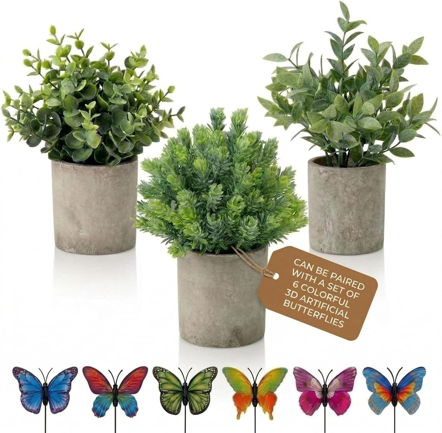 3 Pack Mini Potted Artificial Eucalyptus Plants with Butterflies – Faux Greenery Topiary Small Potted Plants for Farmhouse Home, Office, Bathroom, Desk & Shelf Decor