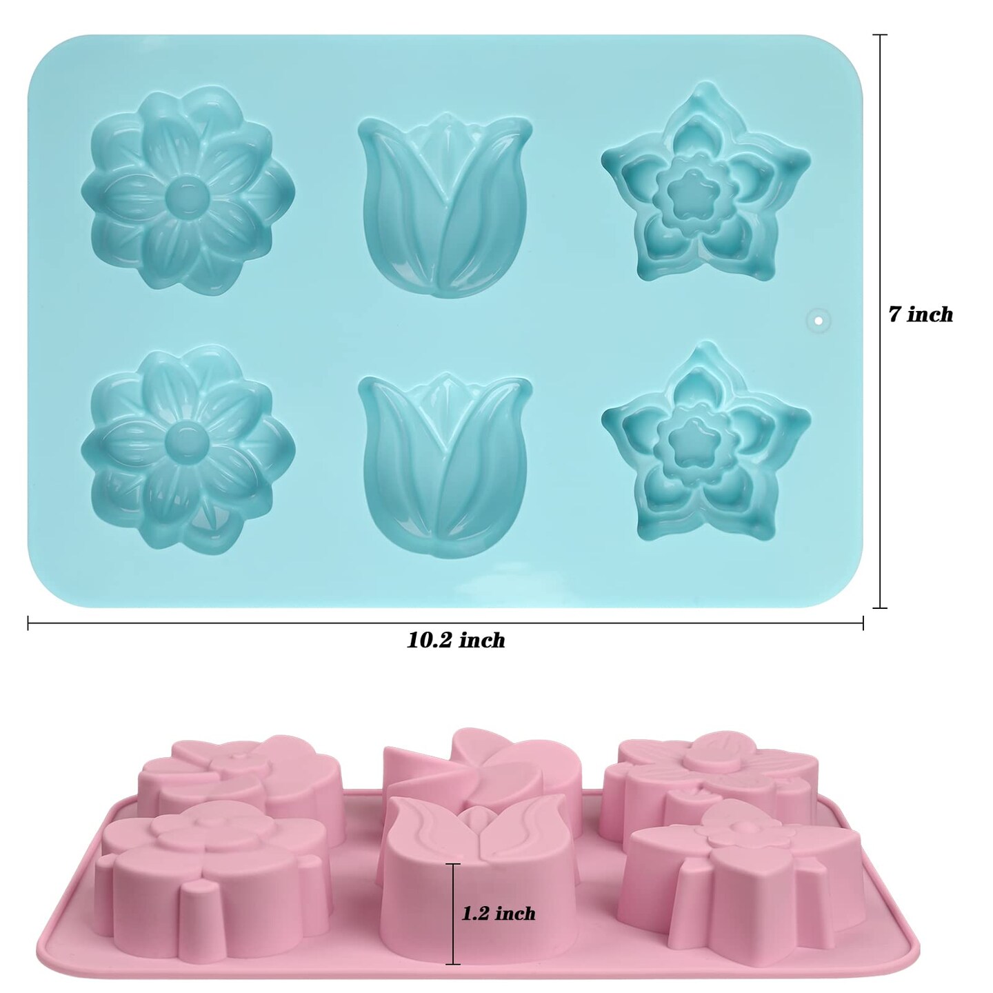 6-Cavity Flower Soap Molds Silicone, 2 Pack Tulip Different Flower Shapes Silicone Molds for Soap, Lotion Bar, Bath Bombs, Chocolate, Candy Baking Molds Jelly, Ice Cube Tray