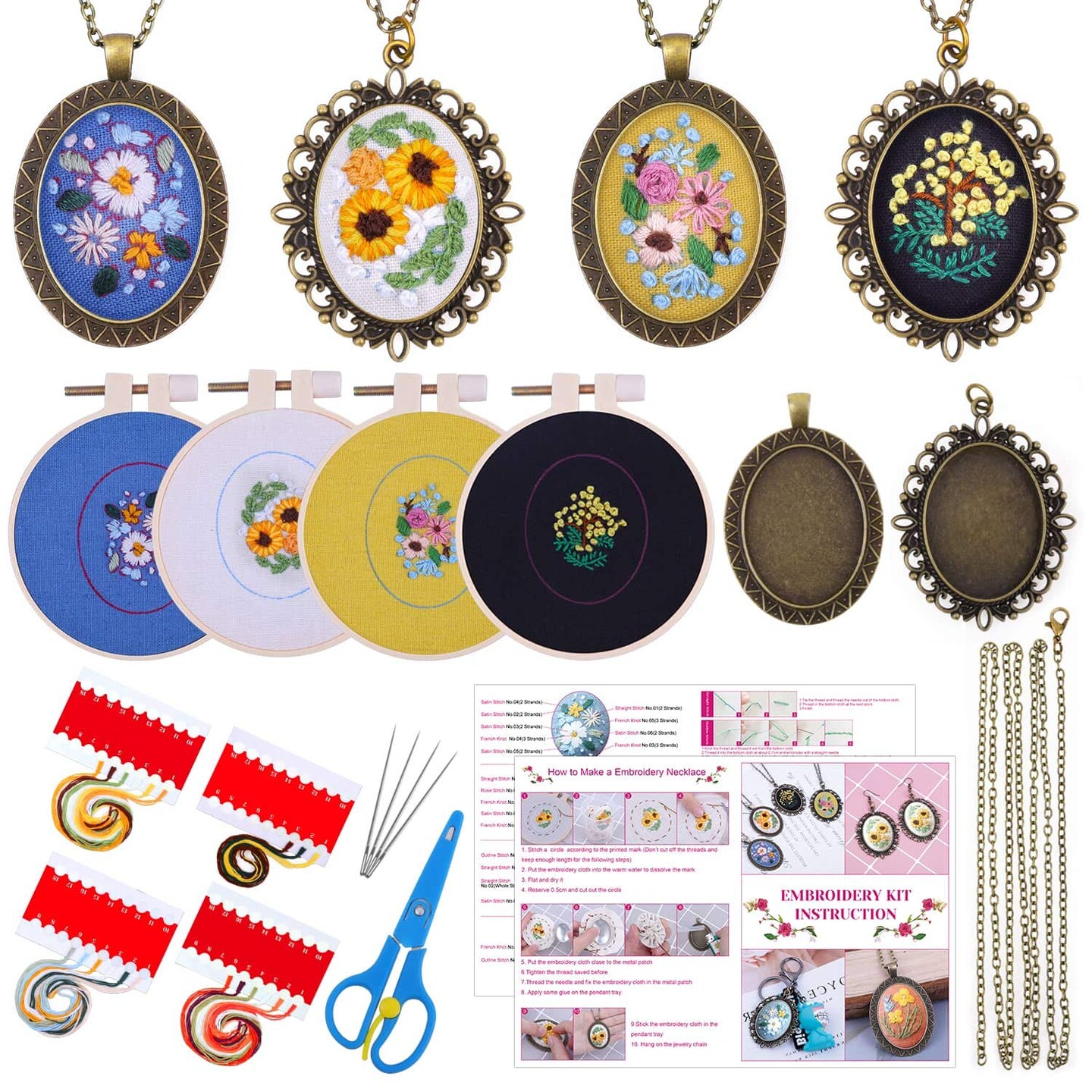Embroidery Starter Kit - Beginner Friendly with Cross Stitch Patterns, Floral Embroidery Cloth, Pendant Trays & Hoops