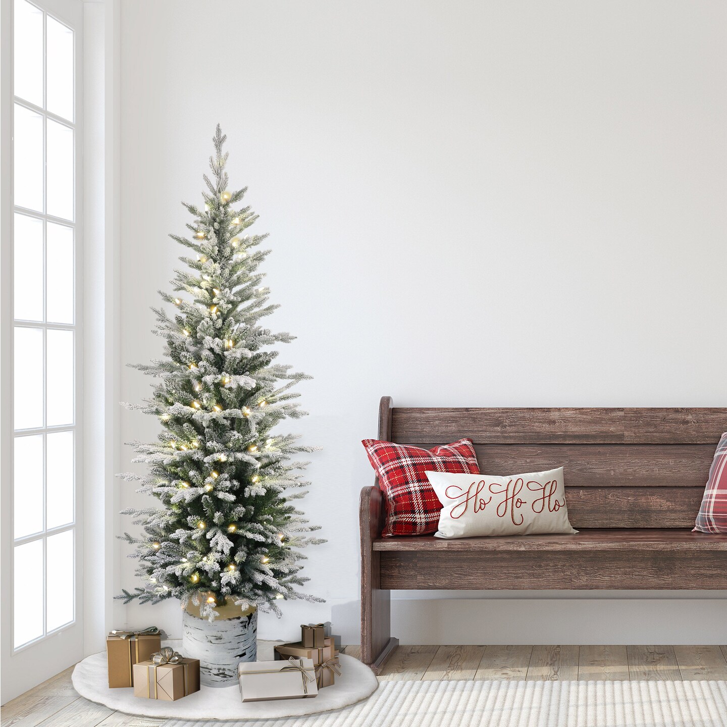 7.5ft Pre-Lit Potted Flocked Arctic Fir Pencil Christmas Tree