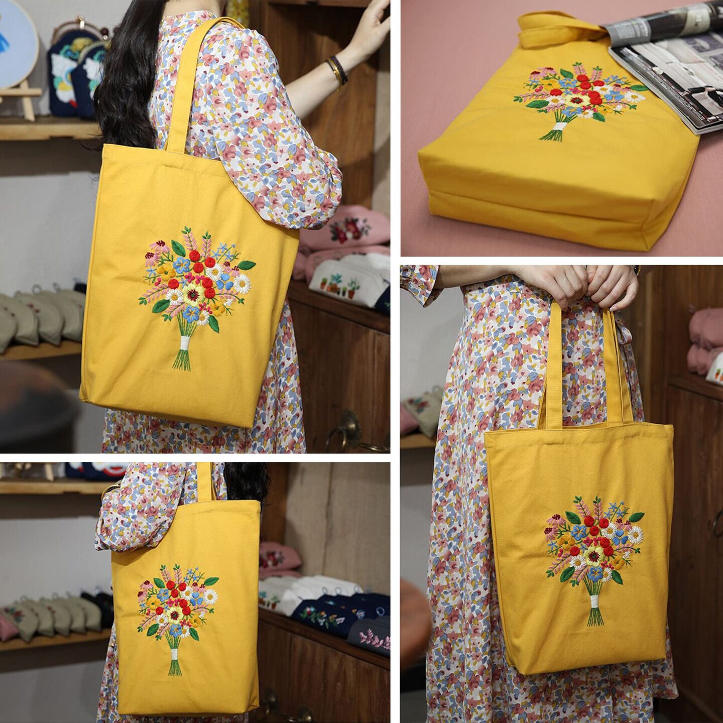 Canvas Tote Bag Embroidery Kit with Pattern for Beginners, Arts and DIY Crafts Kits for Adults, Include Instructions Embroidery Bag, Embroidery Hoops, Color Threads and Tool (Yellow)