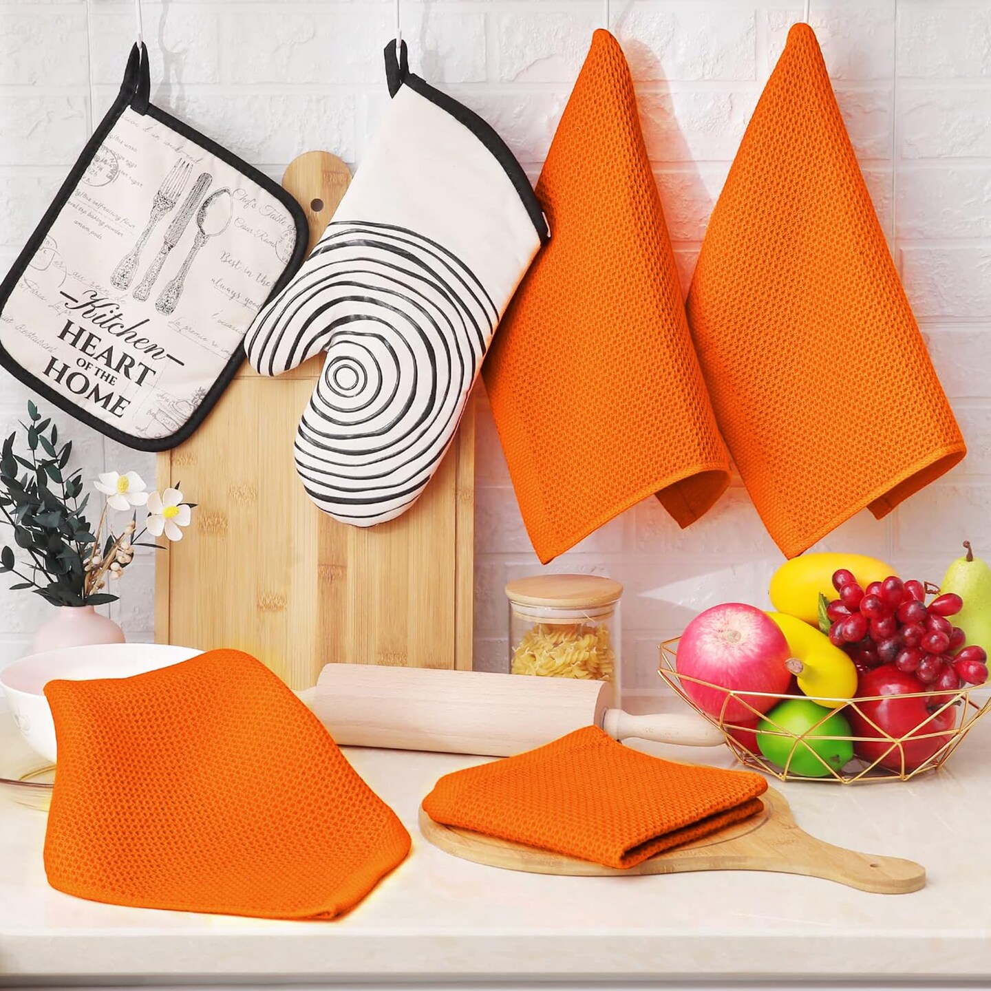 100% Cotton Waffle Weave Kitchen Dish Cloths, Ultra Soft Absorbent Quick Drying Dish Towels, 12 x 12 Inches, 6-Pack, Orange