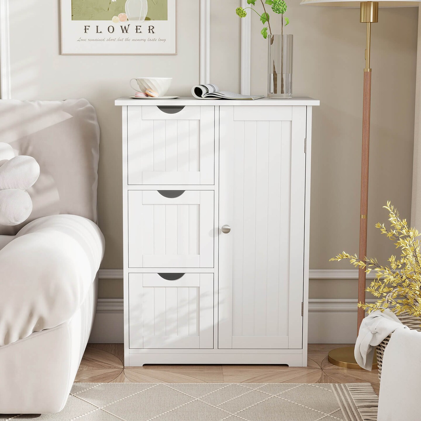 Costway Bathroom Floor Cabinet Side Storage Cabinet with 3 Drawers and 1 Cupboard Grey\ Black