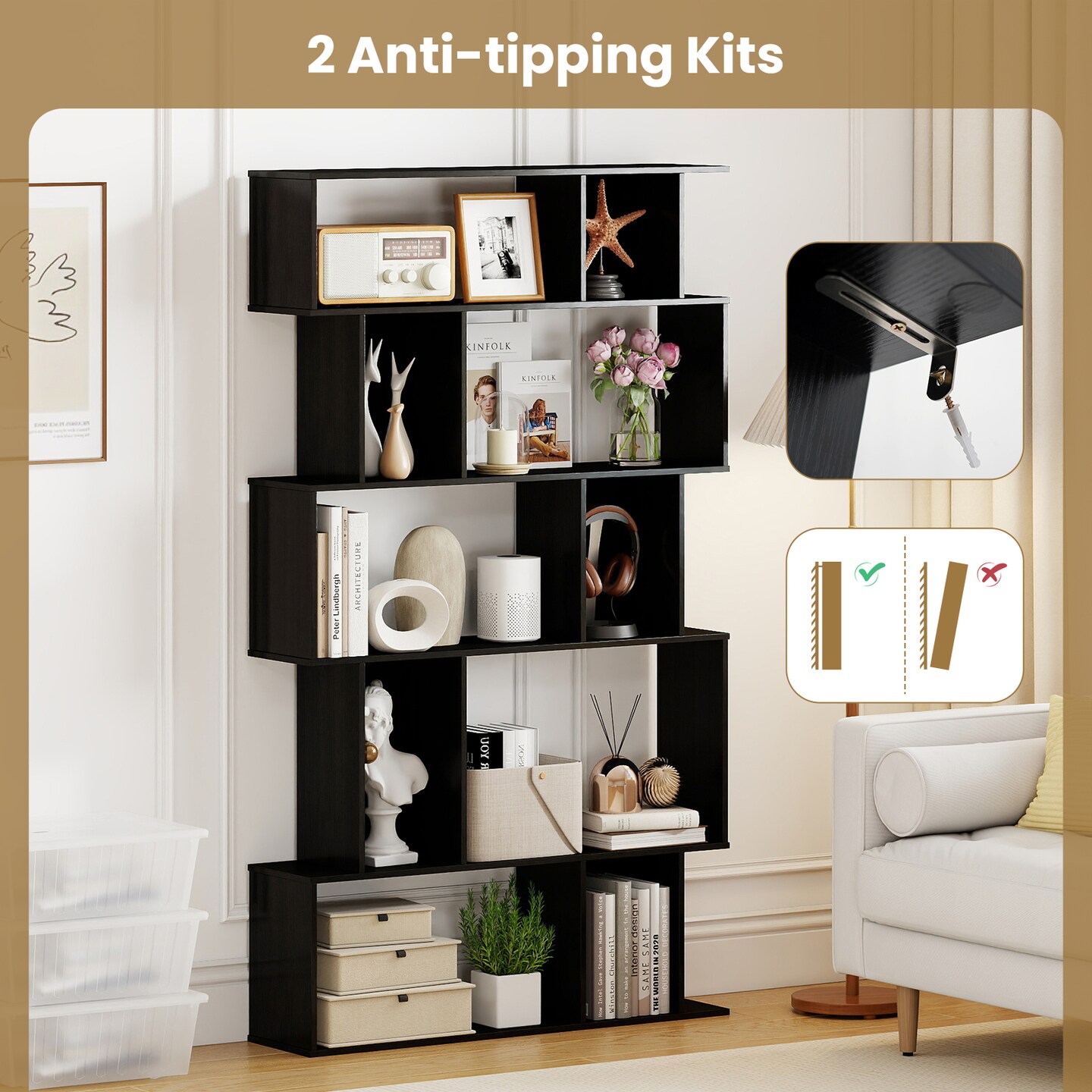 Geometric Bookshelf 5-Tier with Open Shelving and Closed-Back Cubes