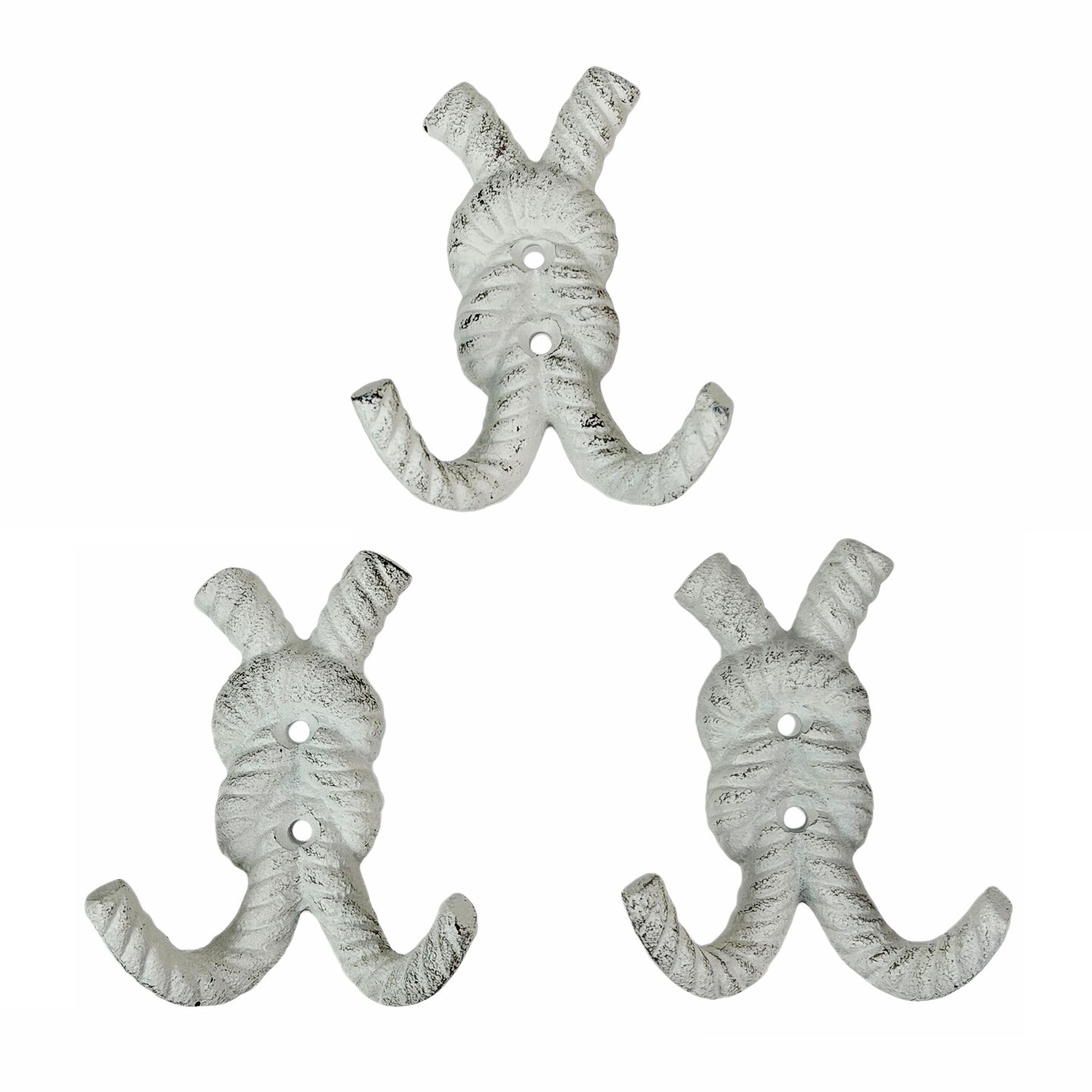 Set of 3 Cast Iron Rope Knot Wall Hooks 4in Antique White Coastal Decor