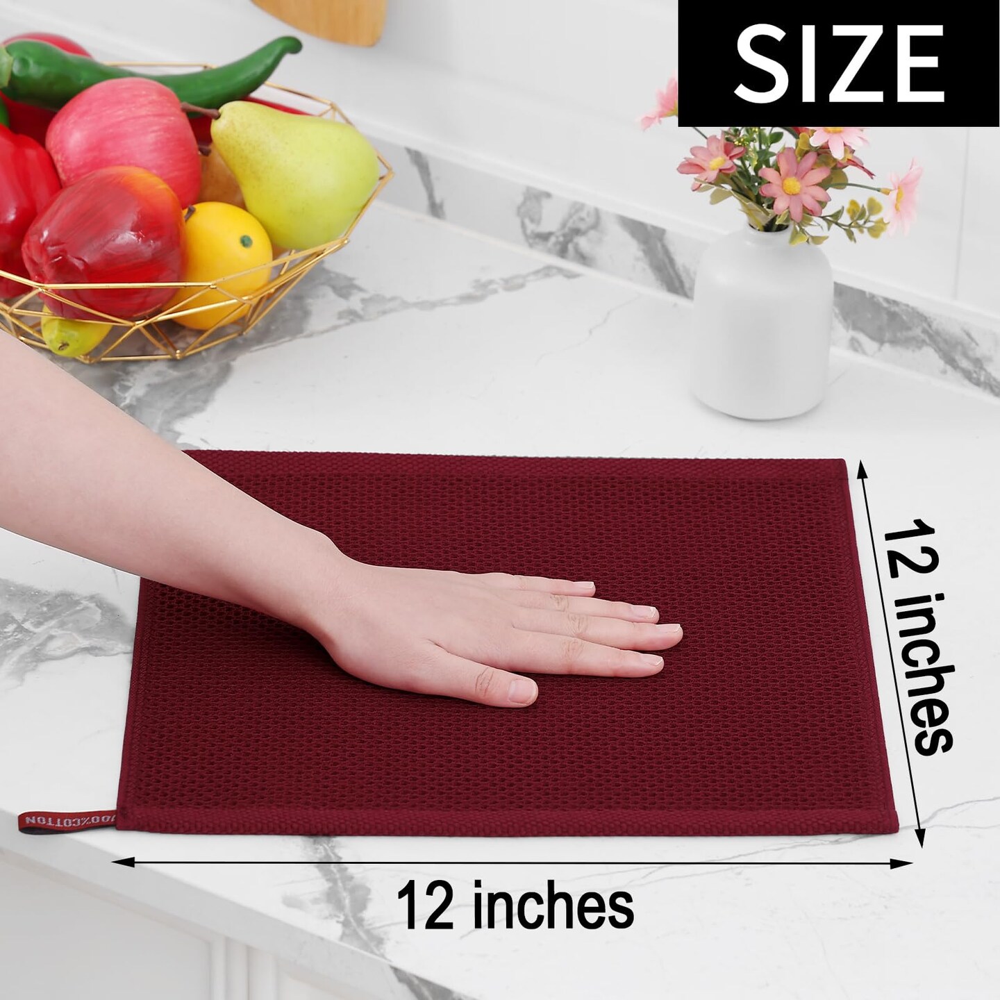 100% Cotton Waffle Weave Kitchen Dish Cloths, Ultra Soft Absorbent Quick Drying Dish Towels, 12 x 12 Inches, 6-Pack, Burgundy