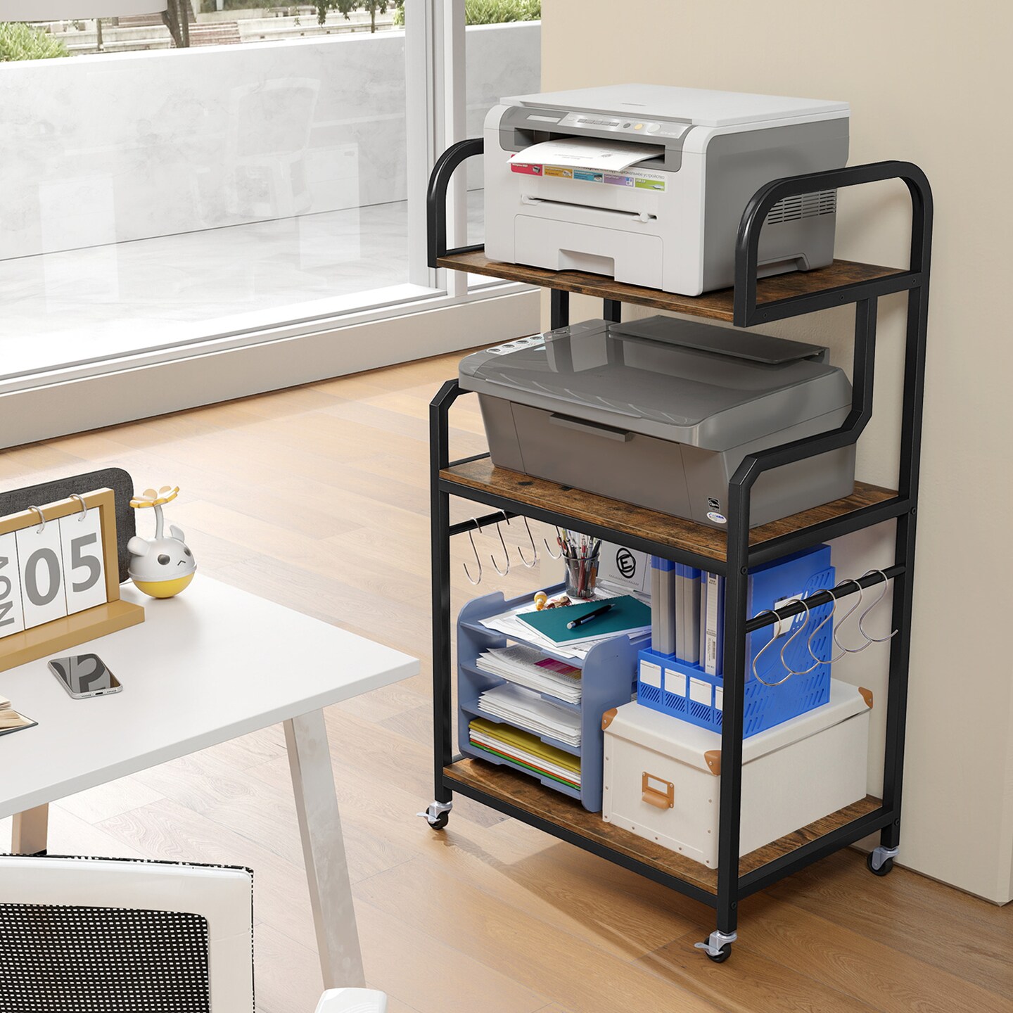 Home Office Rolling Printer Stand 3-Tier with Storage Shelves