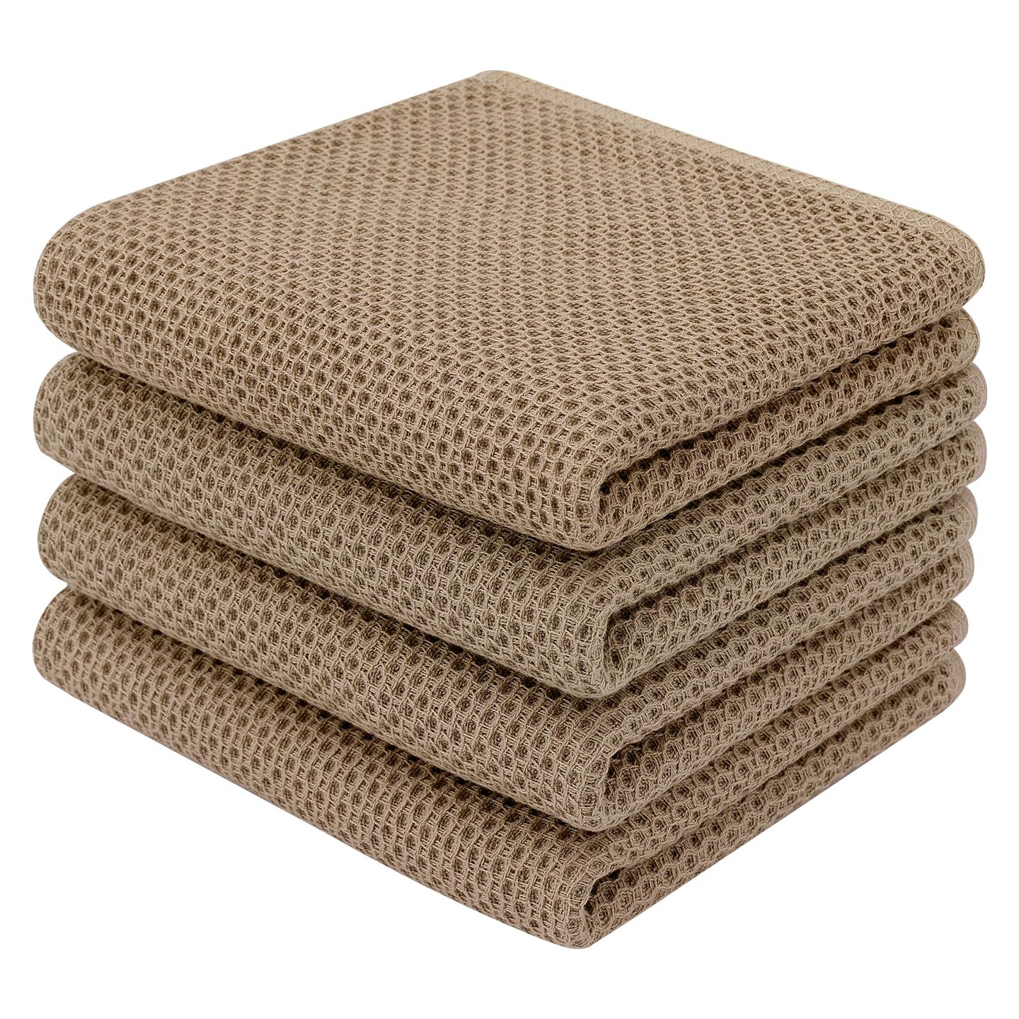 100% Cotton Waffle Weave Kitchen Dish Towels, Ultra Soft Absorbent Quick Drying Cleaning Towel, 13 x 28 Inches, 4-Pack, Tan