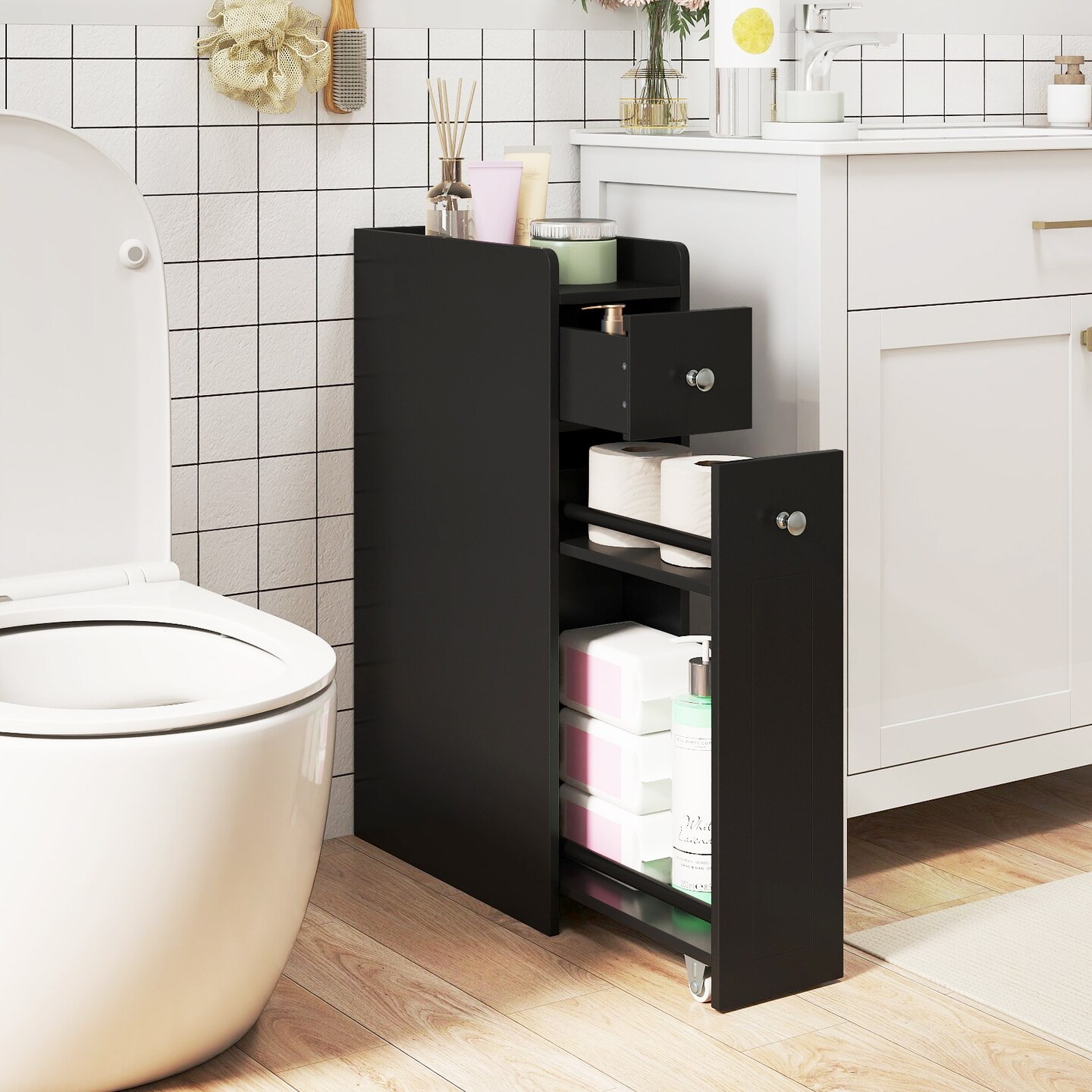 Bathroom Organizer Cabinet 4-Tier with Rolling Slide-Out Drawers