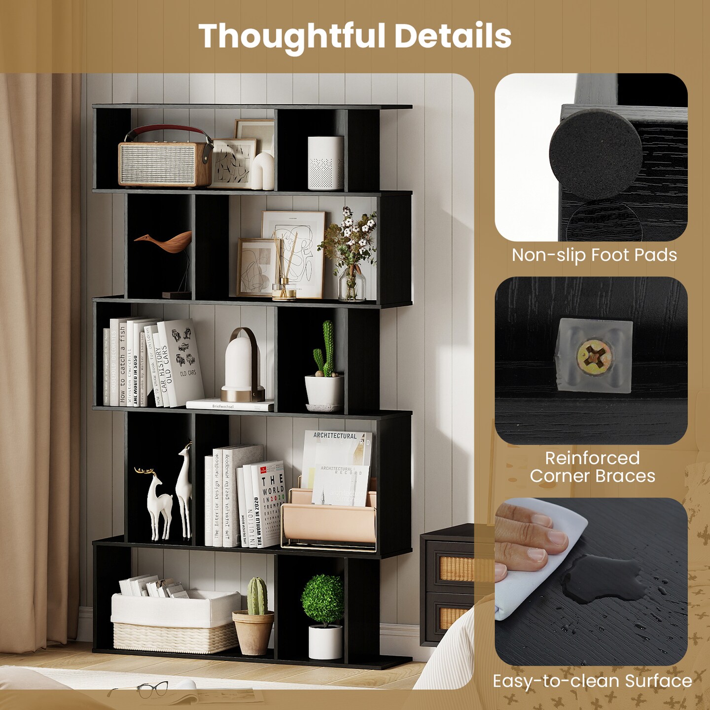 Geometric Bookshelf 5-Tier with Open Shelving and Closed-Back Cubes