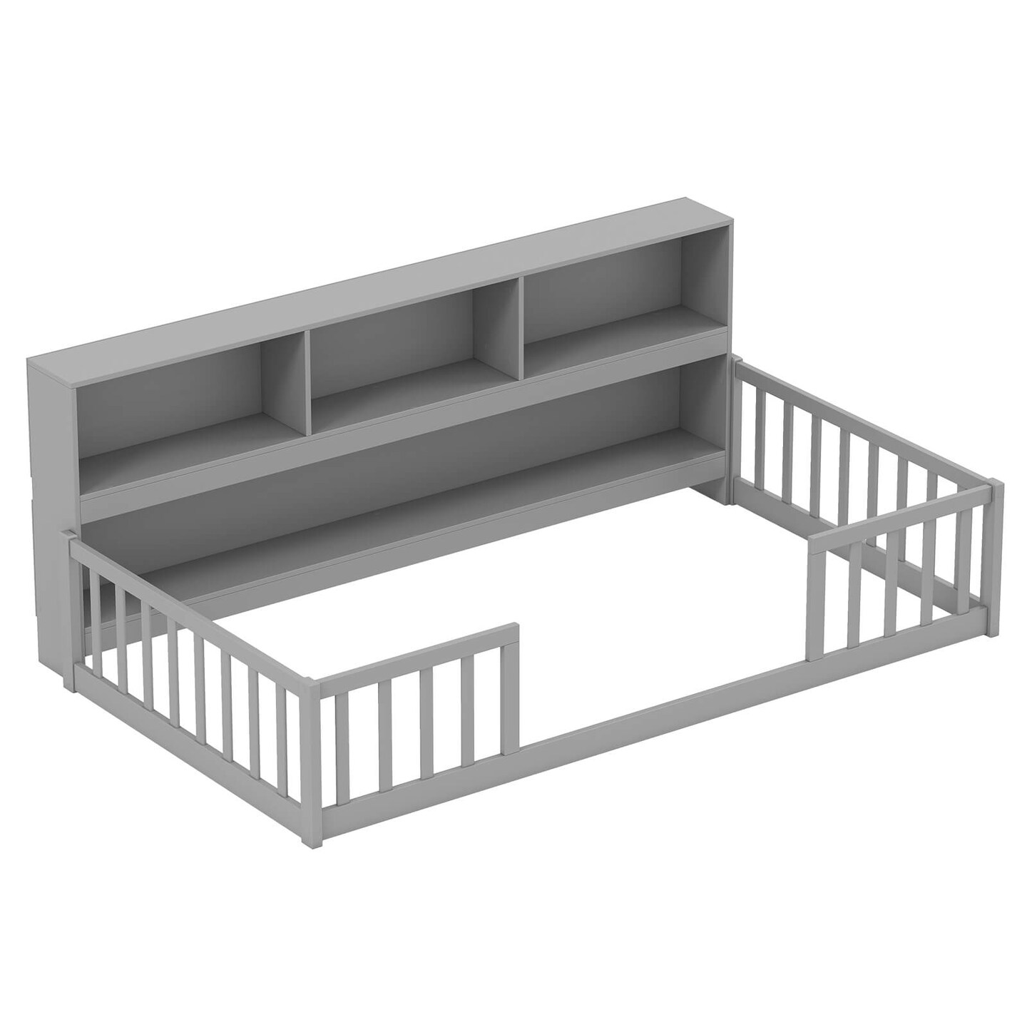 Costway Twin/Full Size Montessori Floor Bed with Bookcase Storage Shelves & Safety Fence Rails White/Gray