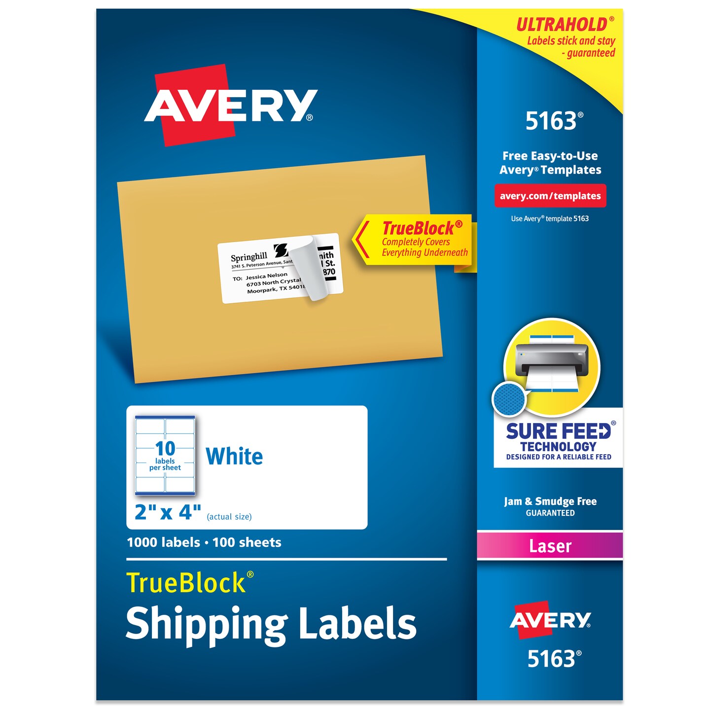 Avery Printable Shipping Labels with Sure Feed, 2" x 4" Customizable Stickers, White, 1,000 Blank Mailing Labels, Great for Mailing, Shipping, and More (5163)